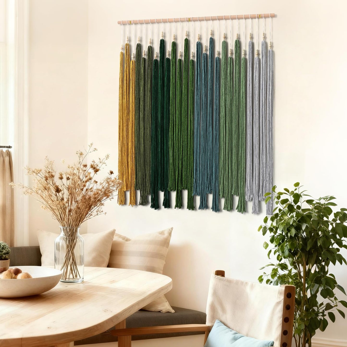 KHOYIME Macrame Wall Hanging Large Boho Home Decor Aesthetic, Bohemian Green Tassels Tapestry Modern Handmade Artwork Chic Wall Art Decorations for Living Dining Room Bedroom Nursery Office 38.5"x43"