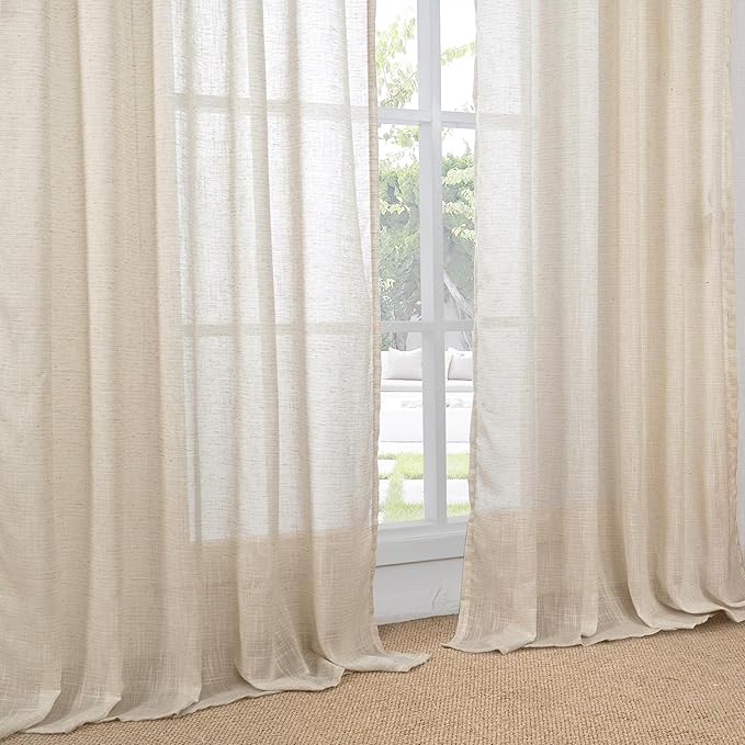 BGment Natural Tan Linen Curtains 80 Inches Long for Living Room - Light Filtering Window Drapes with Rod Pocket Semi Sheer for Farmhouse Bedroom Decor Rustic, 2 Panels, 52 Inch Wide Each Panel