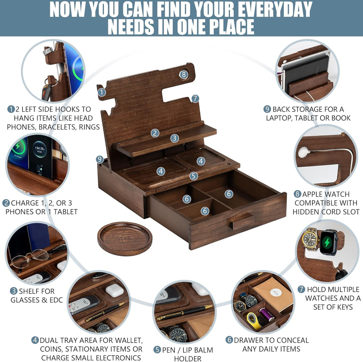 Wood Phone Docking Station for up to 3 Phones - Nightstand Organizer with Drawer for Valuables for Men & Women, Compatible with Apple Watch, Holds Phones, Tablets, Keys, Rings, Glasses, Watches & EDC