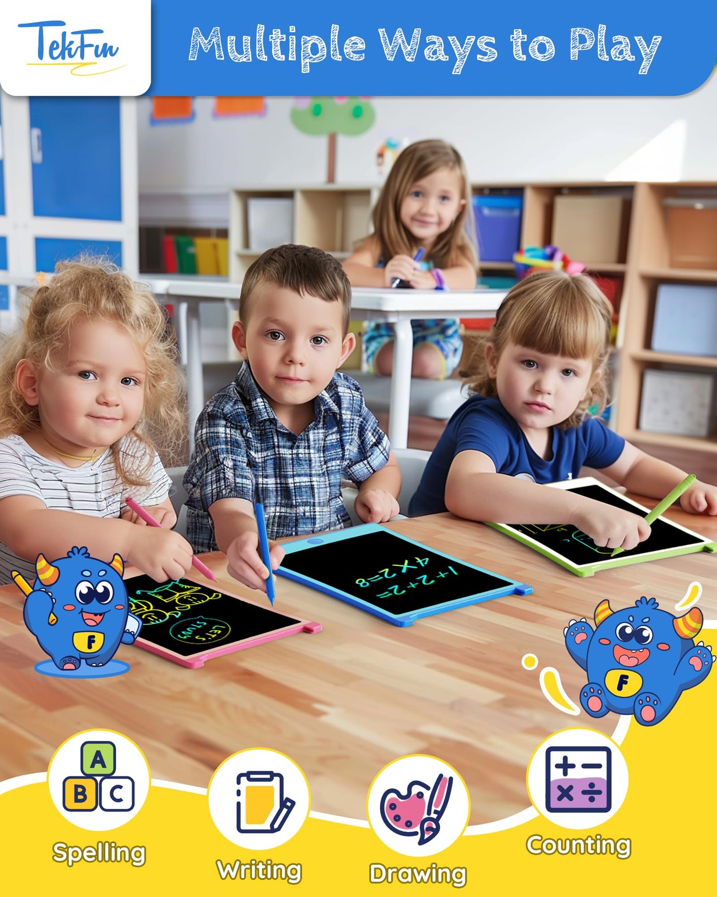 TEKFUN 2 Pack LCD Writing Tablet with Stylus, 8.5in Erasable Doodle Board Mess Free Drawing Pad for Kids, Car Trip Educational Toys Birthday Christmas Gift for 3 4 5 6 7 Girls Boys (2*Blue)