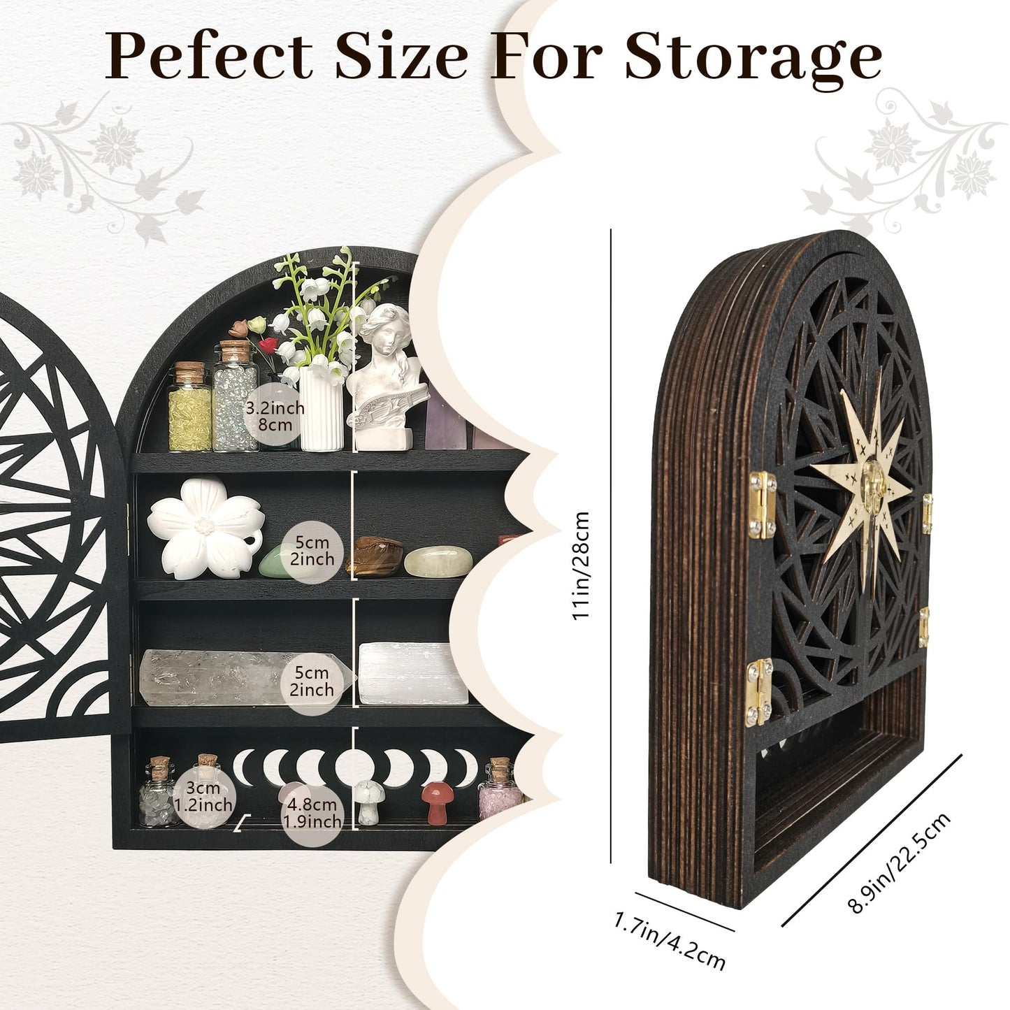 FNYDOX Crystal Display Shelf for Wall, Crescent Moon Phase Wall Shelf Decor, Wooden Storage Organizer for Stones Collection Essential Oil Display, Arch Crystal Holder Shelf for Meditation Room
