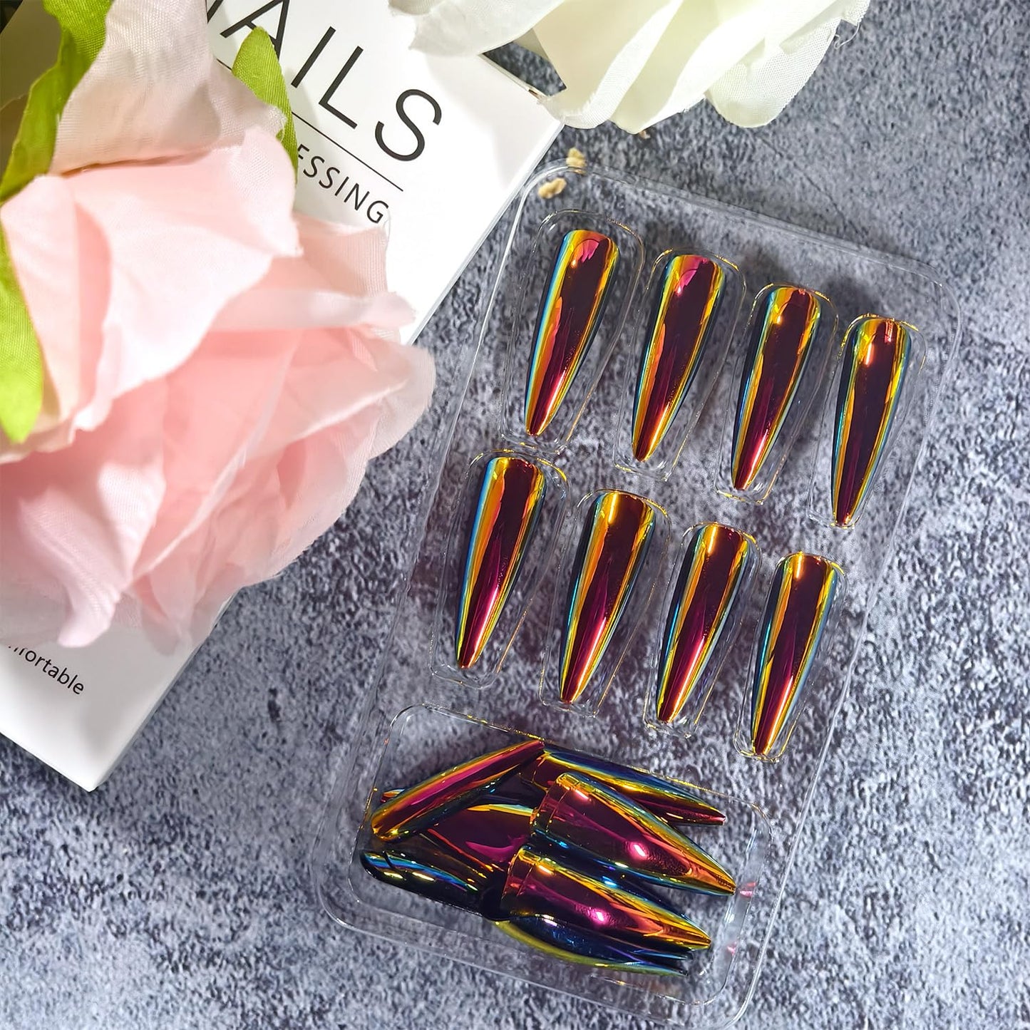 Chrome Press on Nails Medium Length Artificial Acrylic Metallic Laser Chrome Glossy False Nails Design Almond Stick on Nail Reusable Full Cover Glue on Nail Artificial Fingernails for Women Manicure
