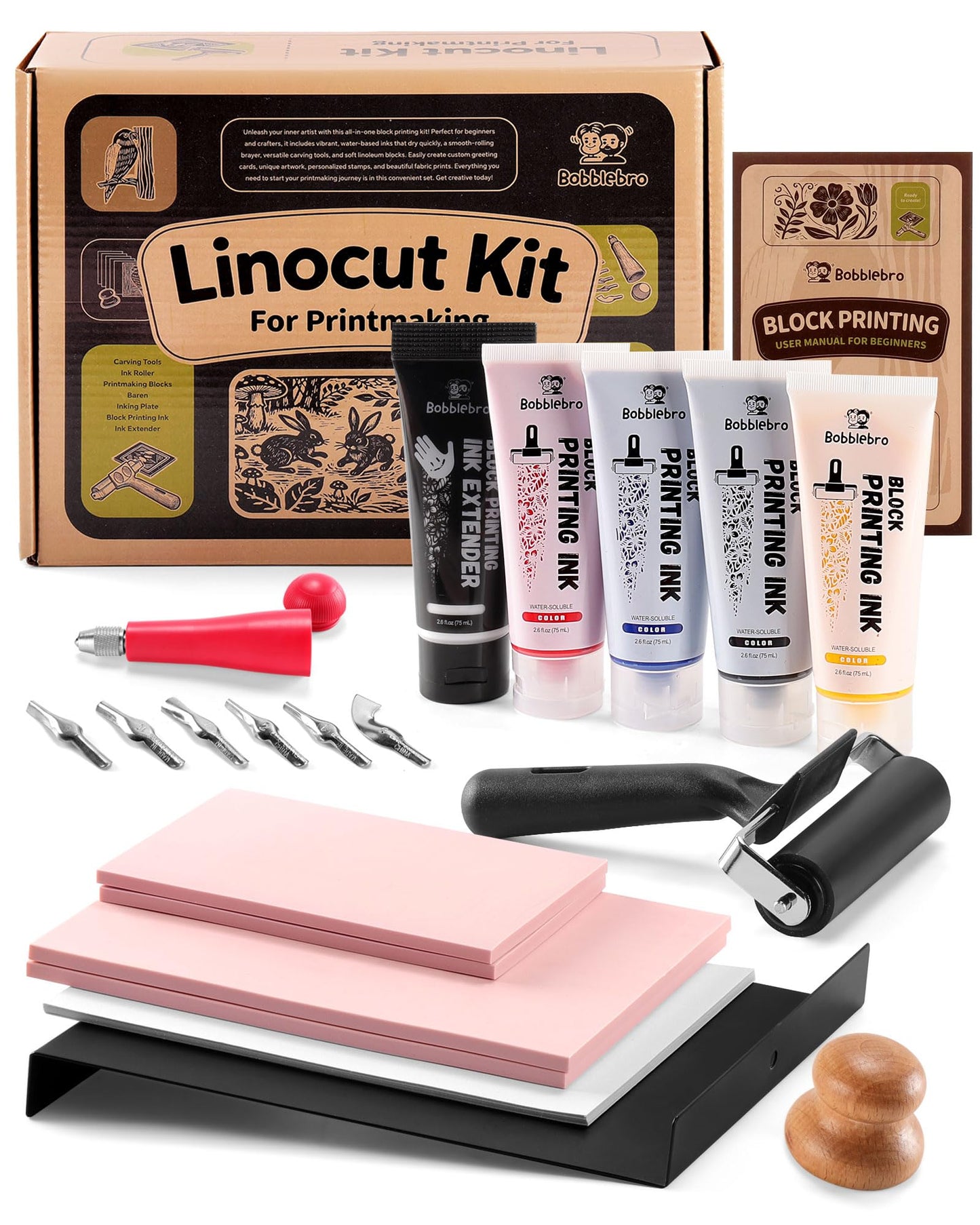Bobblebro Linoleum Blocks for Printmaking, Stamp Making Carving Linocut Kit for Kids DIY Gift, Rubber Stamp Carving Screen Printing Kit with 4 Colors Block Printing Ink, Rubber Block, Linocut Tools