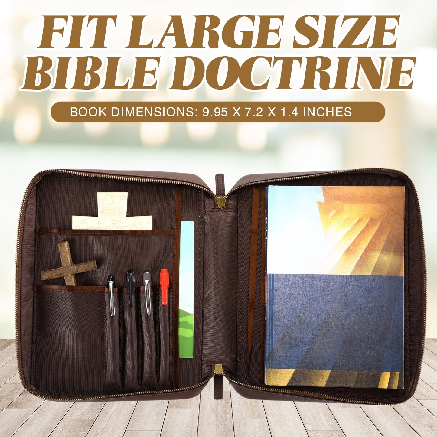 Clysee Top Grain Buffalo Leather Bible Cover Christmas Real Leather Bible Book Cover with Handle, Pocket, Zipper, Book Protective Holder Christian Religious Carrying Case Organizer Portfolio