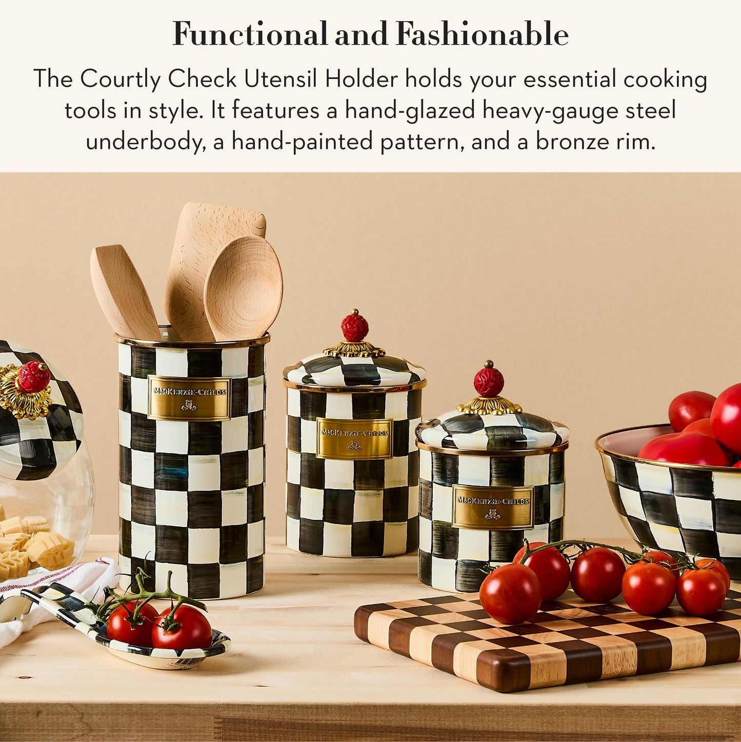 MACKENZIE-CHILDS Enamel Utensil Holder, Kitchen Utensil Holder for Countertop, Storage Caddy, Black-and-White Courtly Check