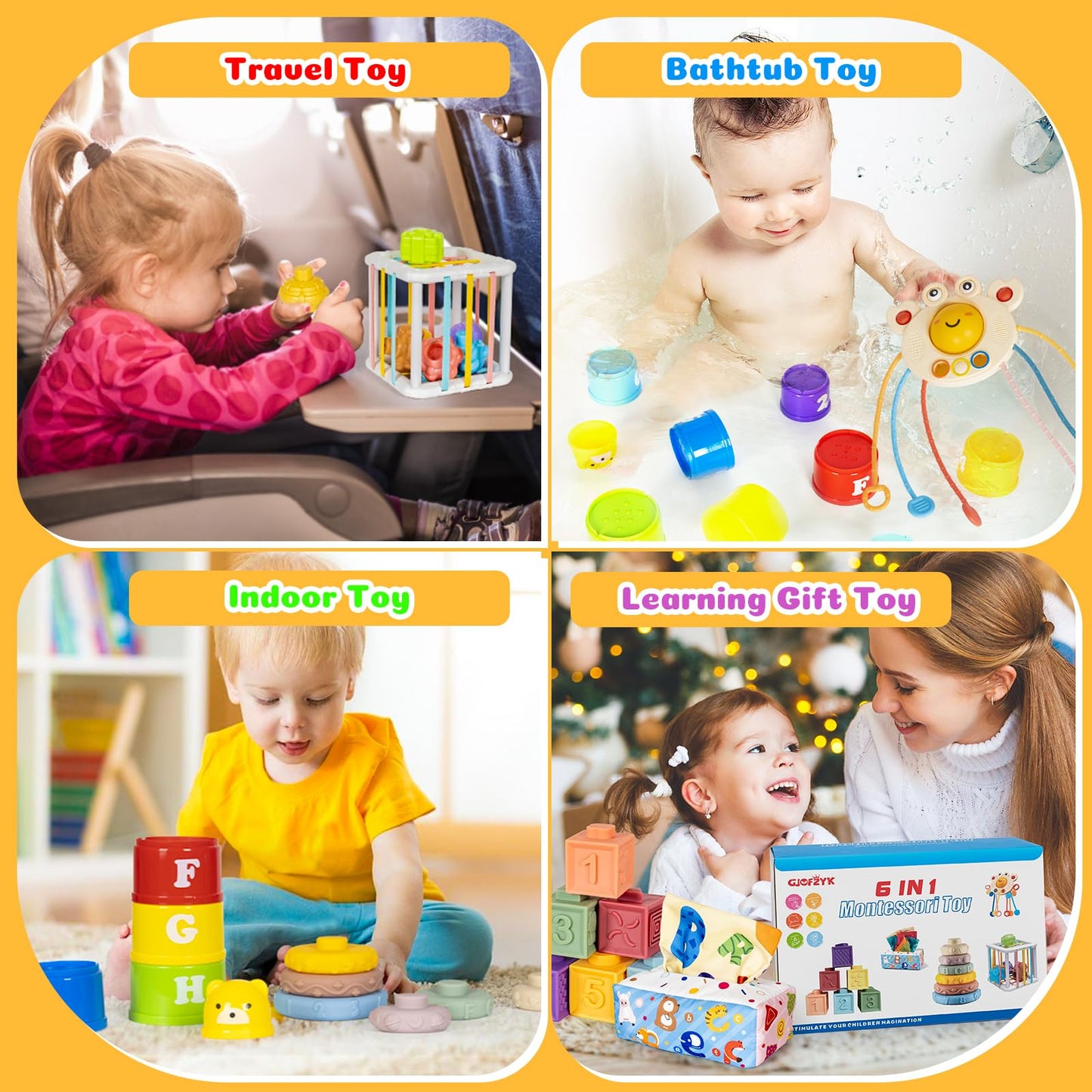 GJOF2YK 6 in 1 Montessori Toys for Babies Newborn Stacking Block Soft Infant Ring Shape Learning Sensory Bin Pull String Teething Toy Tissue Box for Toddlers 18M+ 2 3 Year Old Boy Girl Gift