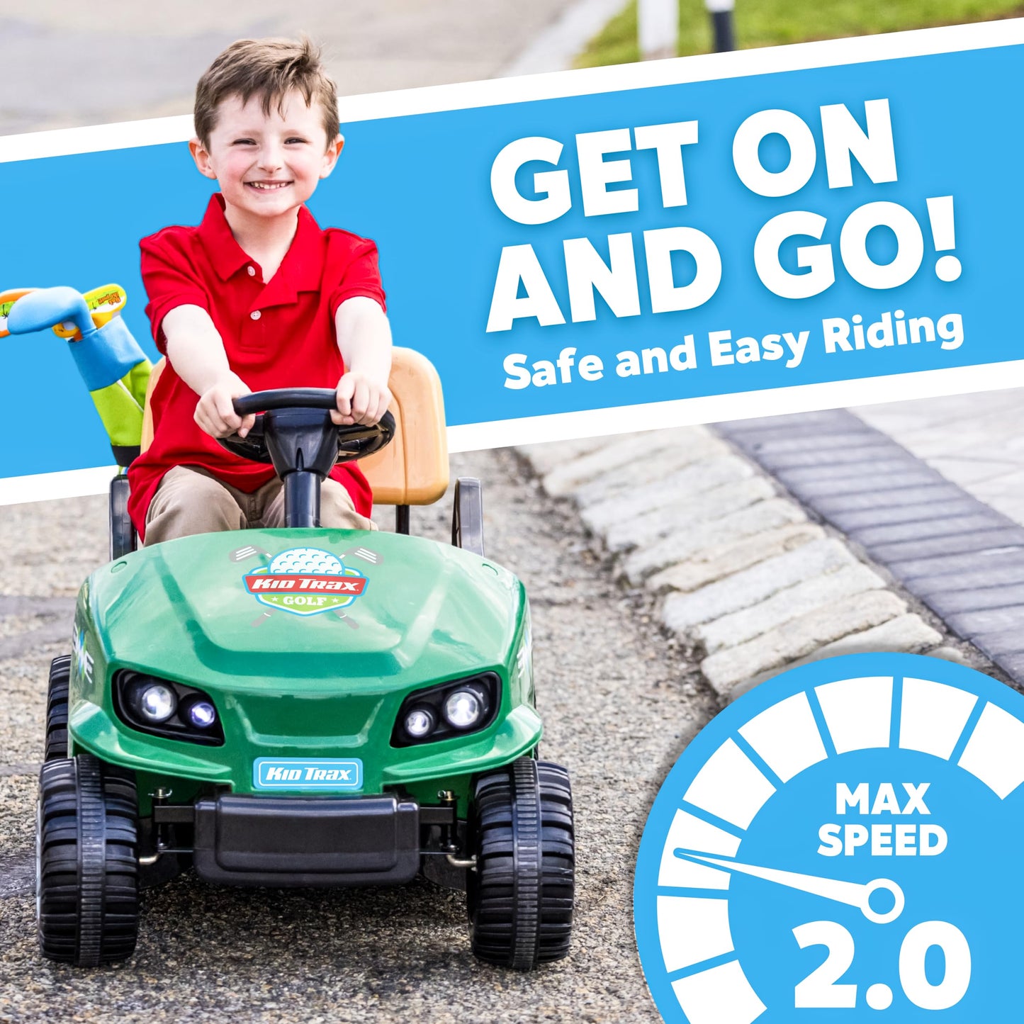 Kid Trax 6V Golf Cart Ride-On for Toddlers, Ages 3+, Golf Clubs & Balls, Lights & Sounds, 2MPH Max Speed, 66lbs Capacity, Seat Belt & Cup Holder, Rechargeable Battery, Forward & Reverse