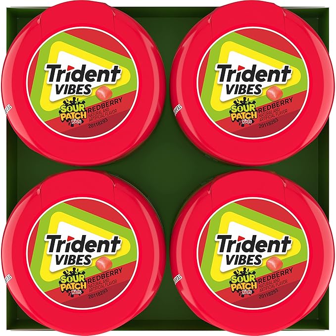 Trident Vibes SOUR PATCH KIDS Redberry Sugar-Free Chewing Gum, 4-40 Piece Bottles (160 Total Pieces)