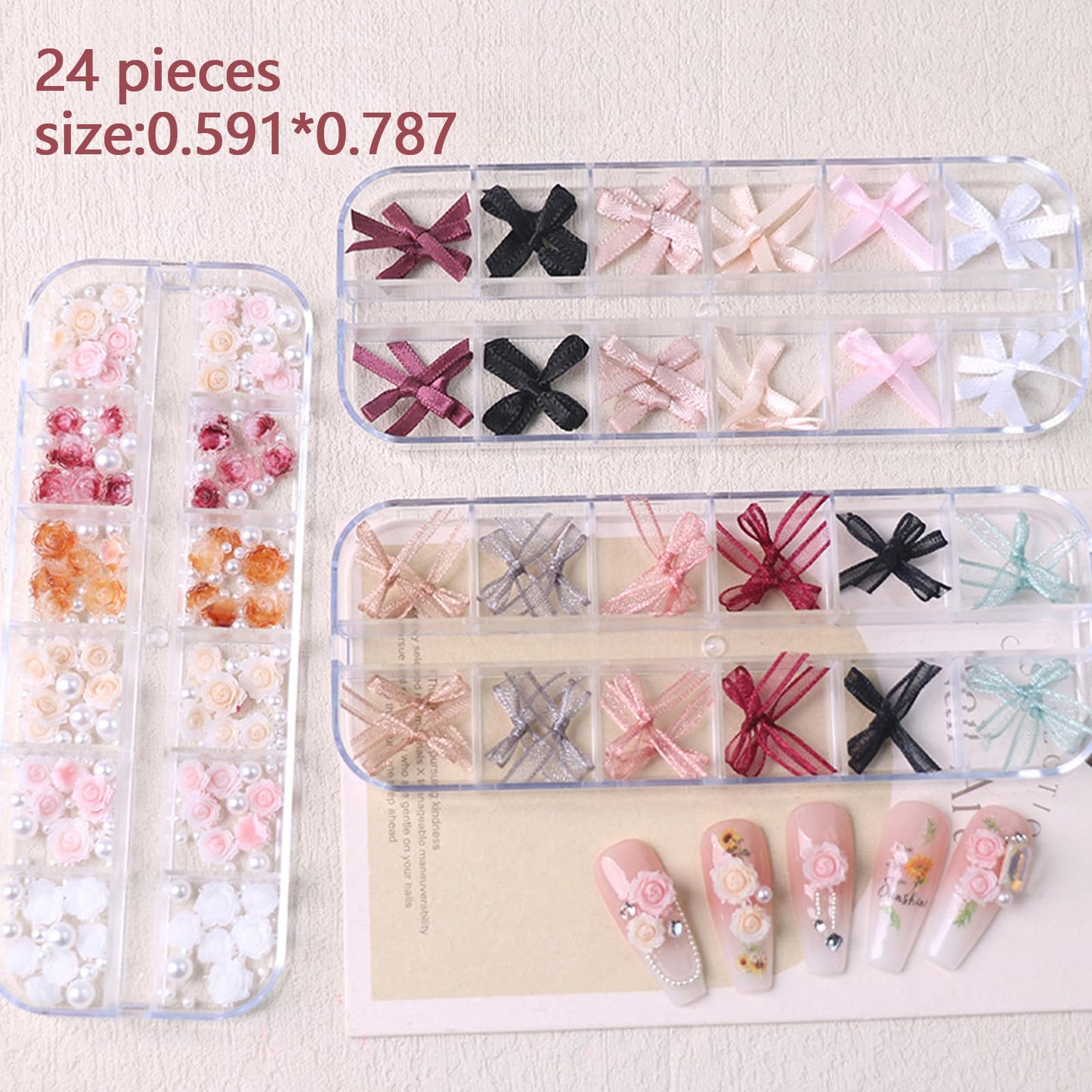 JERCLITY 3 Boxes Nail Decoration Set 48pcs Chiffon Fabric Bow Nail Charms 48pcs Ribbon Bow Charms 72pcs Rose Nail Charms with Pearls for Women Nail Art
