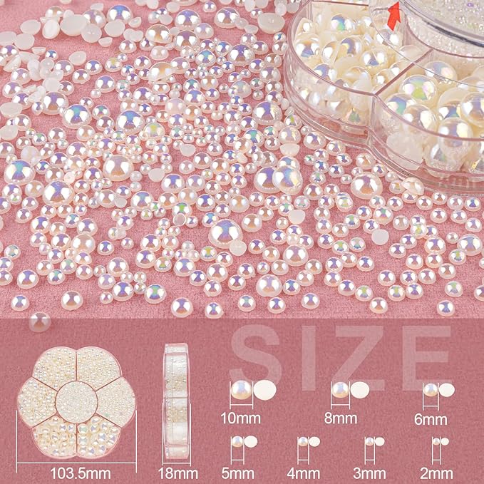 Nail Art Flat Back Half Round Pearl Kits 2, 1 Box of 6000 Pcs Flat-Back Beige AB Pearl with Tweezer and Picker Pencil for Home DIY Nails Body Face Craft and Salon Use