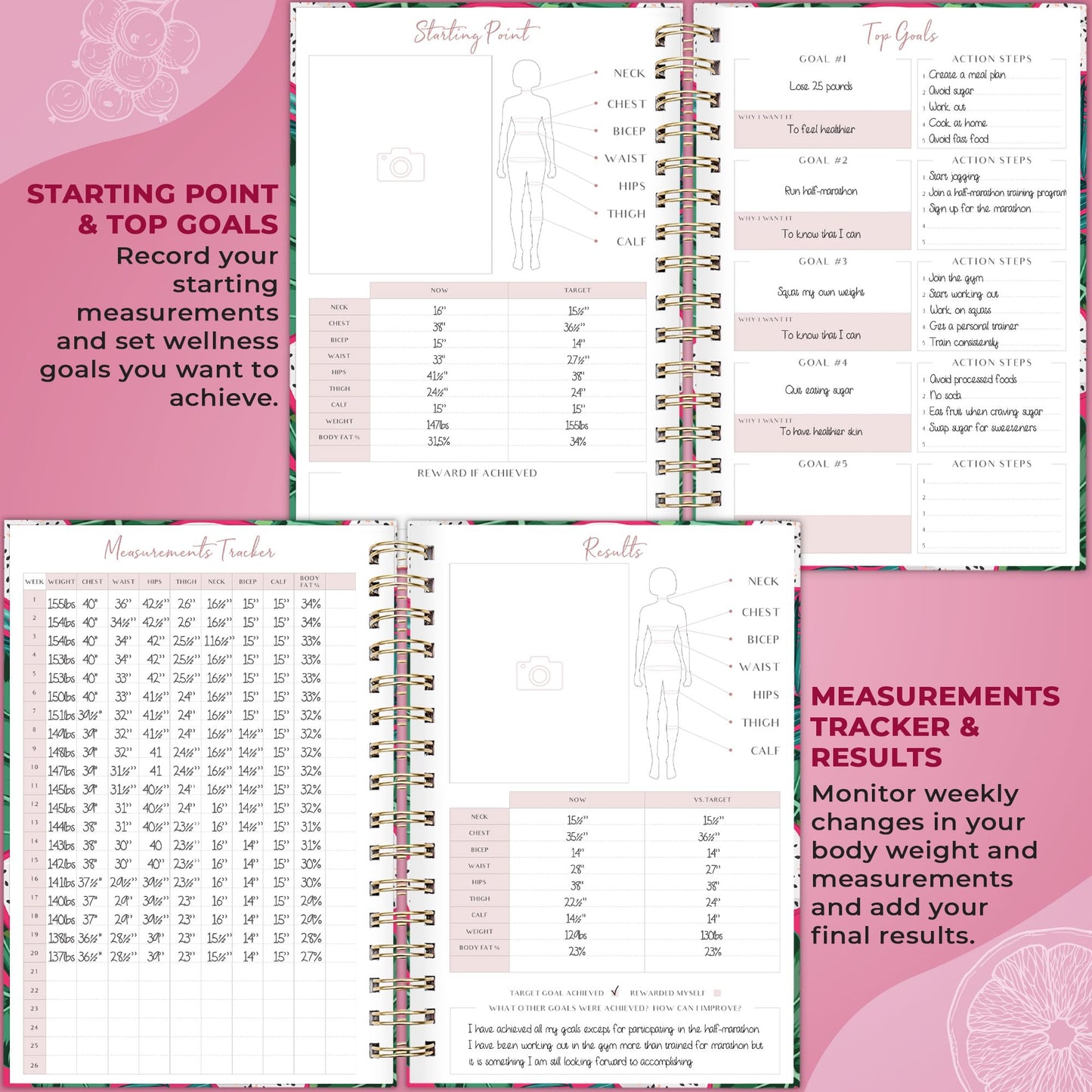 PLANBERRY Food Journal Premium – Nutrition Planner – Diet & Calorie Tracker – Meal & Exercise Diary – Weight Loss Journal (Dragon Fruit)