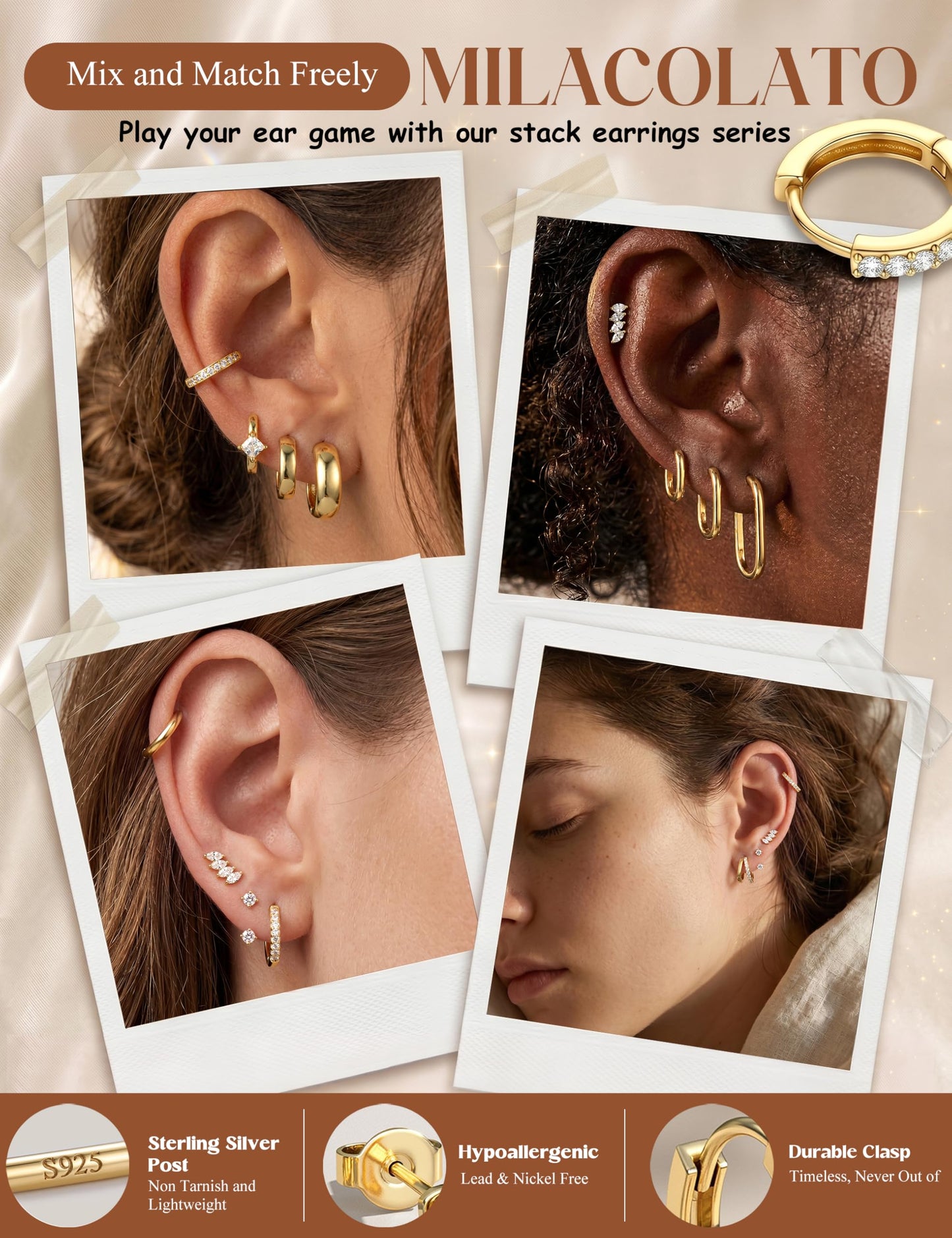 MILACOLATO 3Pairs 14K Gold Filled Hoop Earrings Set for Women Trendy Sterling Silver Post Small Chunky Hoop Earring Hypoallergenic Thick Huggie Hoop Earrings Stacks for Multiple Piercing Lightweight-C