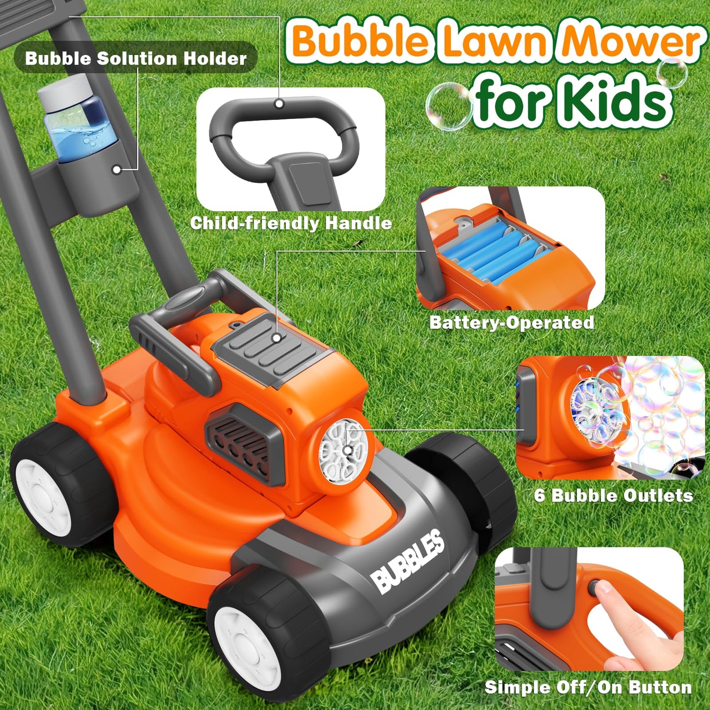 Bubble Lawn Mower for Kids, 3-in-1 Bubble Machine Blower with 10 Bubble Solution, Outdoor Push Toys for Toddlers Ages 3-8, Birthday Easter Summer Gift for Boys Girls 3 4 5 6 7 8 Year Old