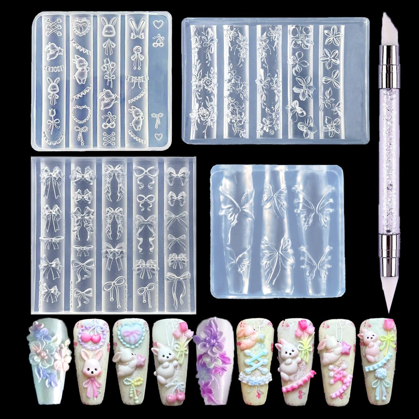 4pcs Silicone Nail Art Molds 3D Multiple Shapes Flowers Ribbon Lace Bows Bunny Butterfly Charm Molds with Carving Pen Clear Modeling Templates Manicure Tools for DIY Salon Nail Design