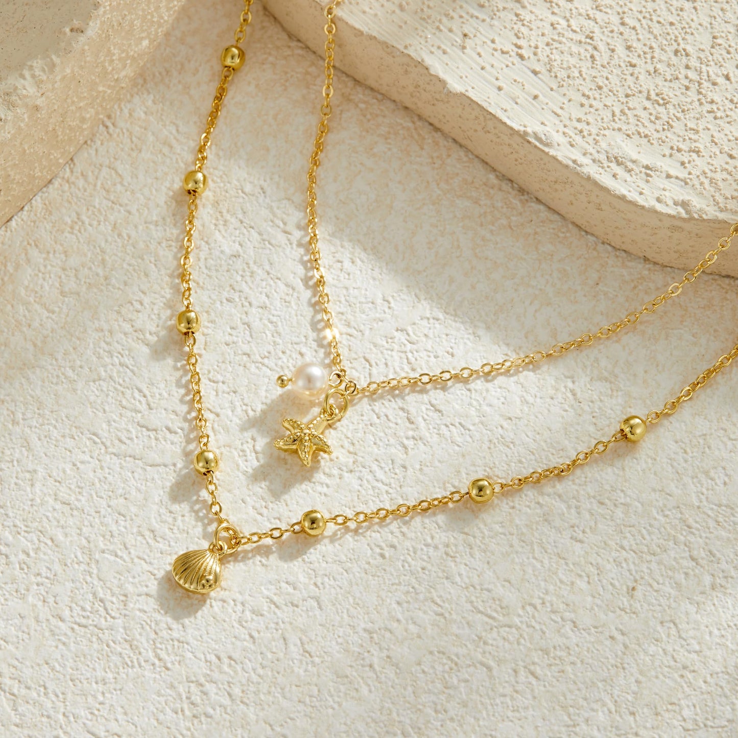 Seashell Starfish Necklace for Women Conch Shell Summer Pearl Beach 14k Gold Layered Dainty Choker (Pearl Layered Necklace)