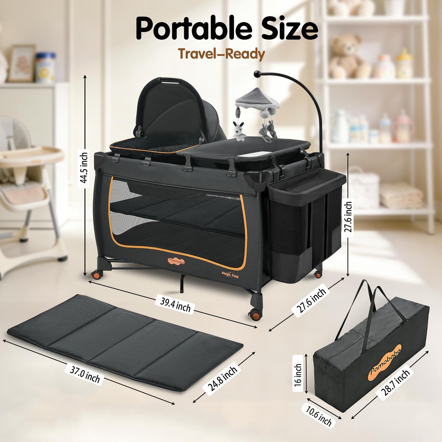 Pamo Babe 6 in 1 Baby Pack and Play with Bassinet - One-Step Setup Travel Crib, Small Portable Playpen for Babies, Portable Baby Bassinet, Changing Table, Toys Bar & Extra Large Storage Bag
