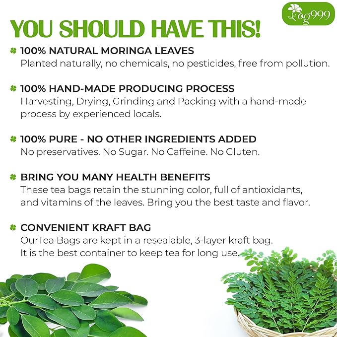 TOG999, Premium 60 Moringa Leaf Tea Bags, 100% Natural & Pure, Loose Leaf Moringa Herbal Tea. No Sugar, No Caffeine, No Gluten, Vegan.