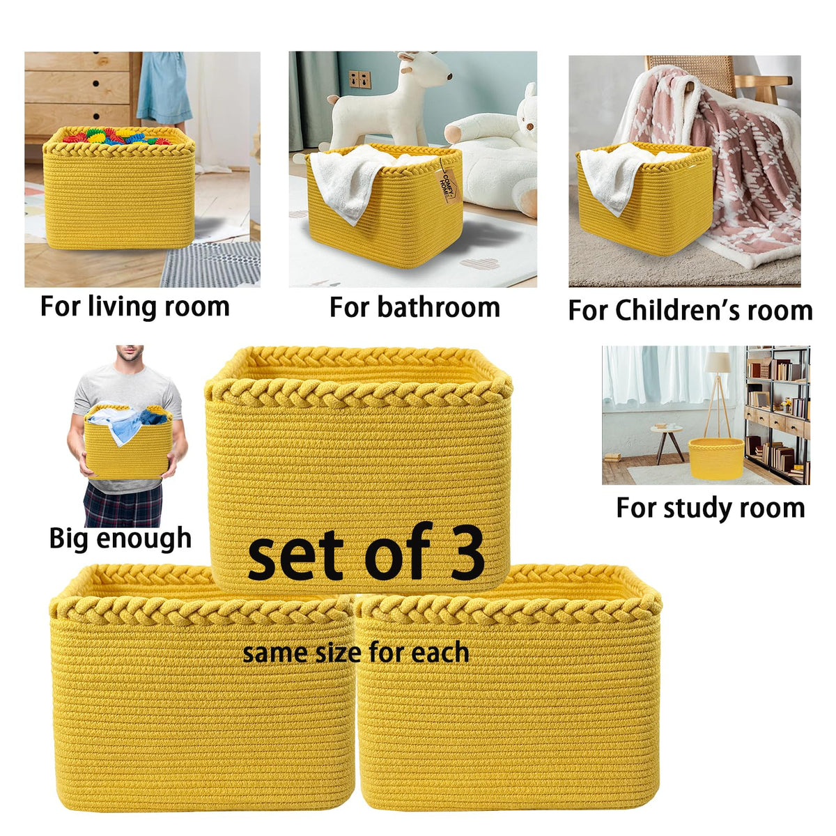 3PACK Cotton Rope Square Basket with Handles for Shelves (3 Count)