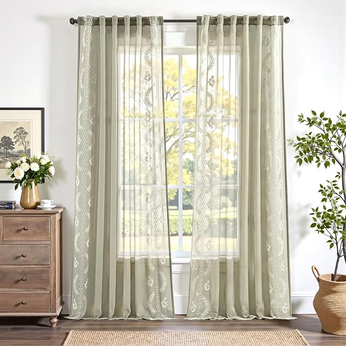 jinchan Belrose Sage Green Floral Sheer Curtains for Living Room 96 Inch Long Voile Embroidered Farmhouse Curtains for Bedroom Ivory Flower Patterned Rod Pocket Window Treatments, 2 Panels Green
