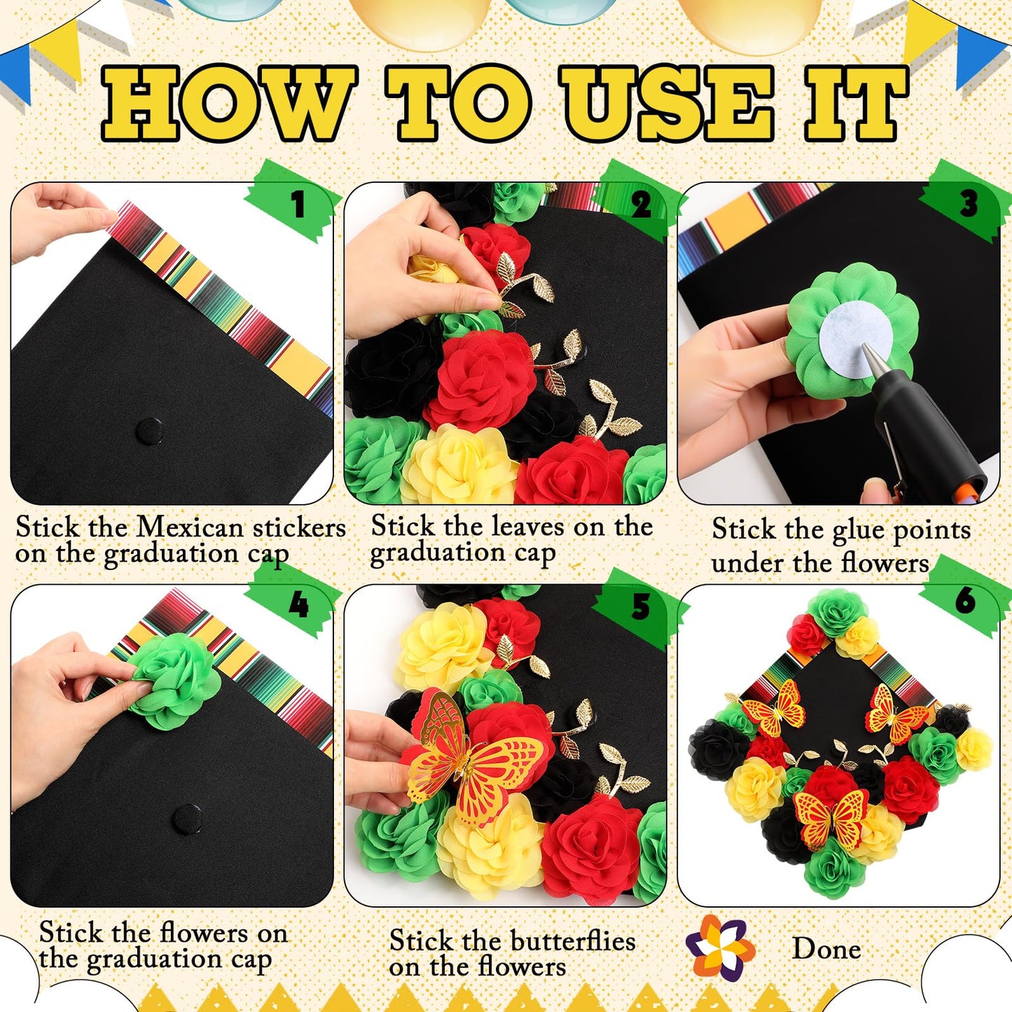 Fullhawl 37 Pcs DIY Mexican Graduation Cap Decorations Accessory Kit Include Chiffon Flower Heads 3D Butterfly Mexican Striped Sticker Gold Leaves Graduation Cap Decoration DIY Decor(Black)