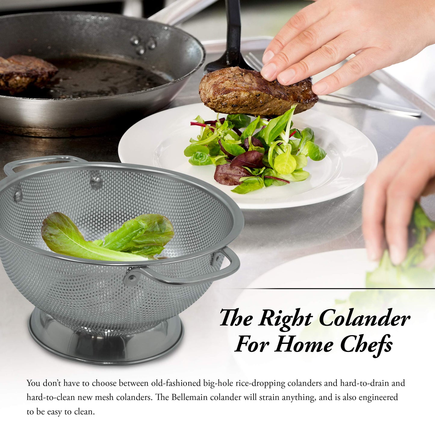 Bellemain 3 Qt Metal Colander with Handle | Pasta, Spaghetti, Berry, Fruit, Vegetable, Kitchen Food Strainer Basket | 18/8 Stainless Steel Colander Bowl | Pot Drainer for Cooking, Sifter Strainer