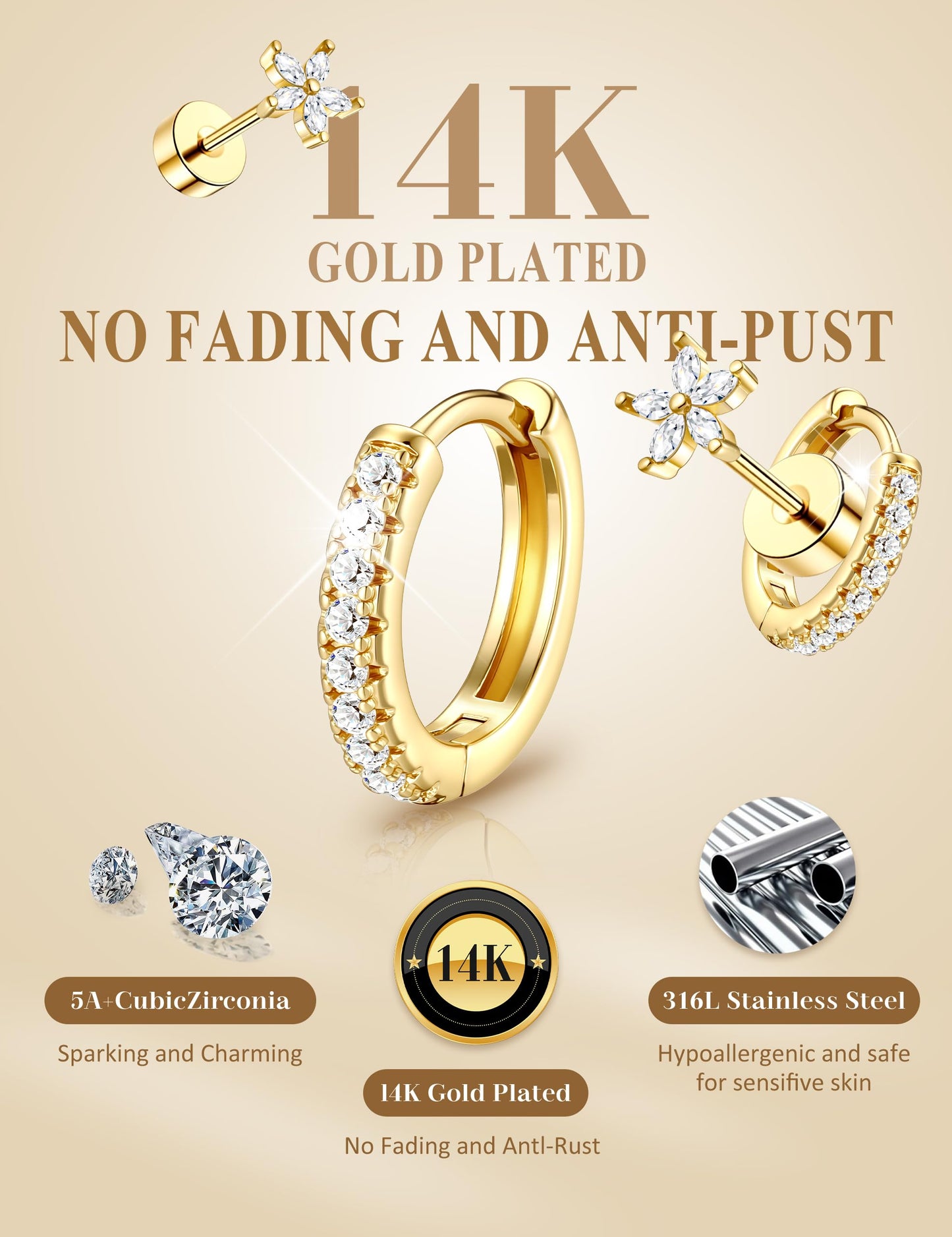 Hypoallergenic Gold Stud Earrings for Women - 14k Gold Plated Surgical Stainless Steel Flat back Earrings Set Small Huggie Hoop Flatback Earring for Sensitive Ears Screw Back Cartilage Piercing Jewelry