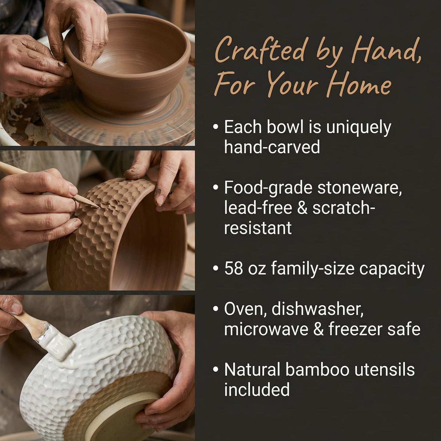 Wgtalation Large Ceramic Dinner Bowl - Handmade Salad Bowl Set, 58 oz. Dishwasher and Oven Safe, Vanilla White 9.5 inch”
