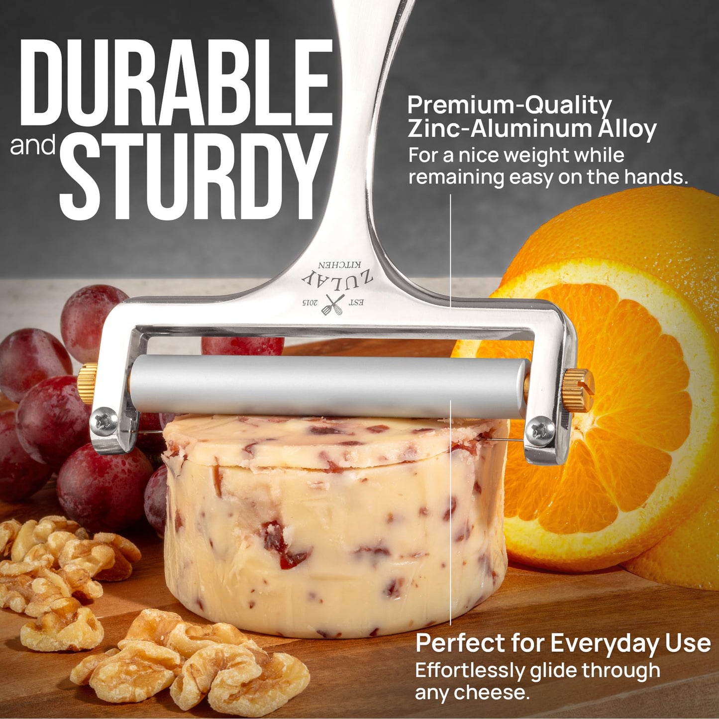 Zulay Kitchen Stainless Steel Wire Cheese Slicer - Adjustable Hand Held Cheese Cutter with 2 Extra Wires - Premium Cheese Shaver for Mozzarella, Cheddar, Gruyere - Cheese Cutter with Wire (Silver)