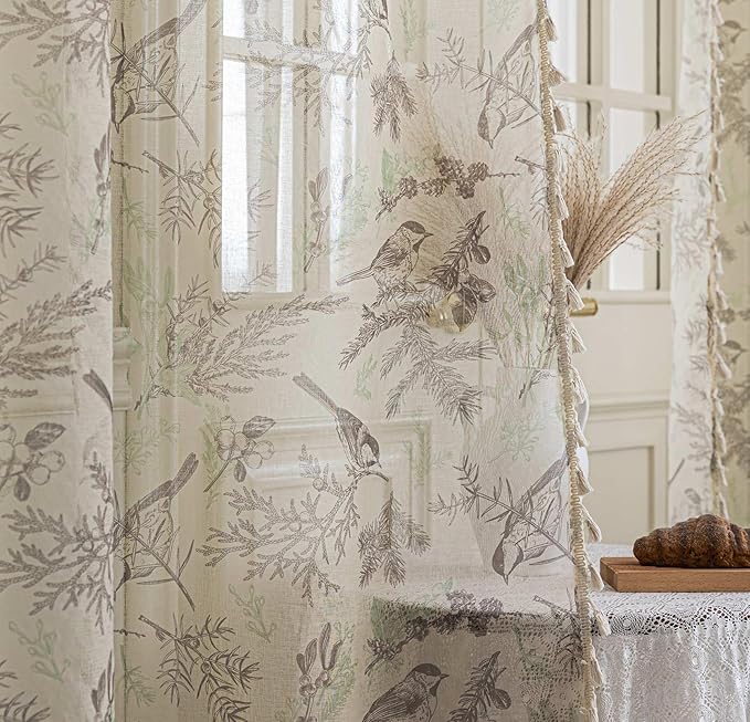 Birds Sheer Curtains 63 inch Long, Fringed Edges and Textured Semi Sheer Curtains Large Window Treatments for Living Room/Bedroom, 2 Panels