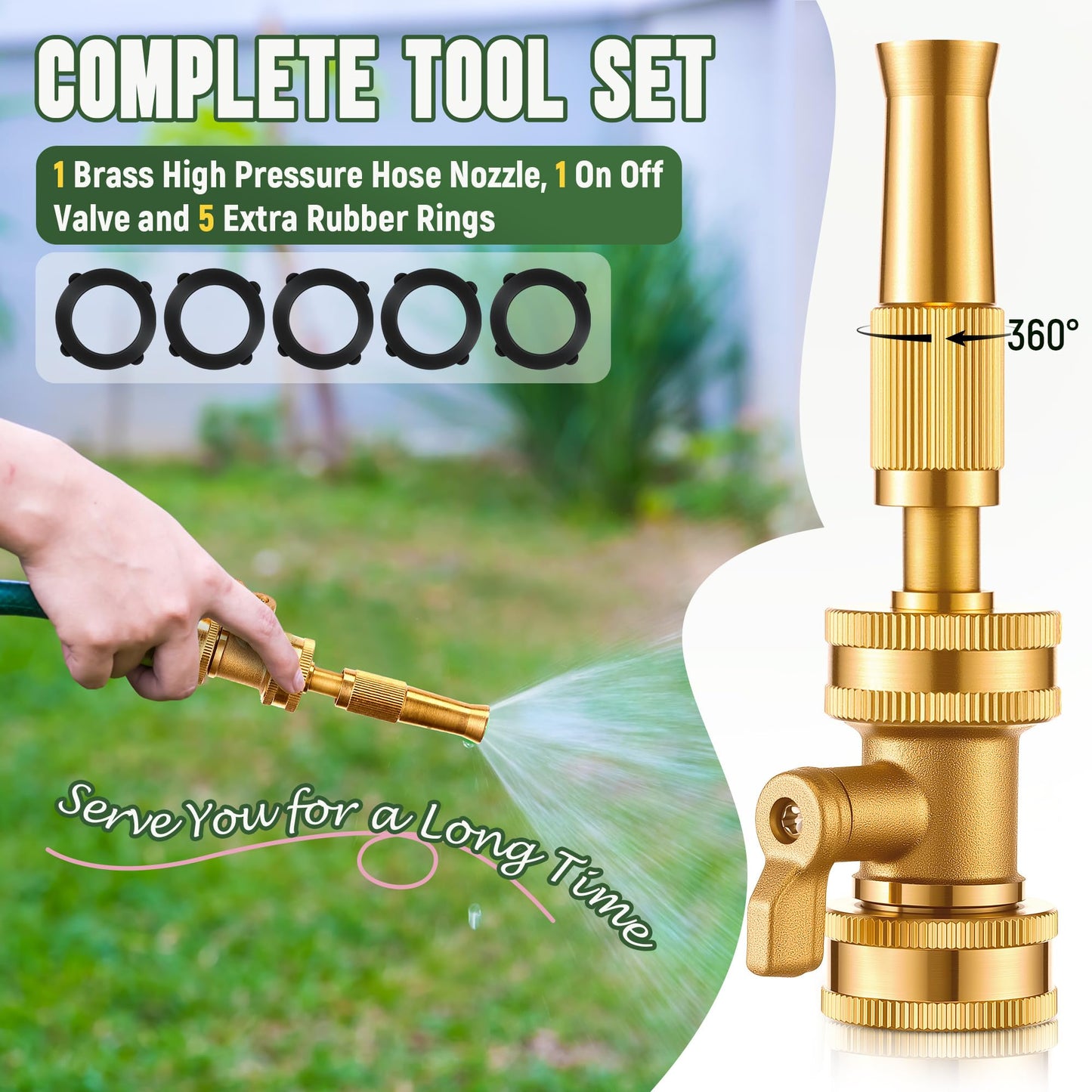 Dunkive Adjustable Twist Hose Nozzle, Heavy duty Brass Garden Hose Nozzle, Solid Shut off Valve, Varied Water regulation mode, Leakproof Design 3/4" GHT Connector with 5 Extra Rubber Washers
