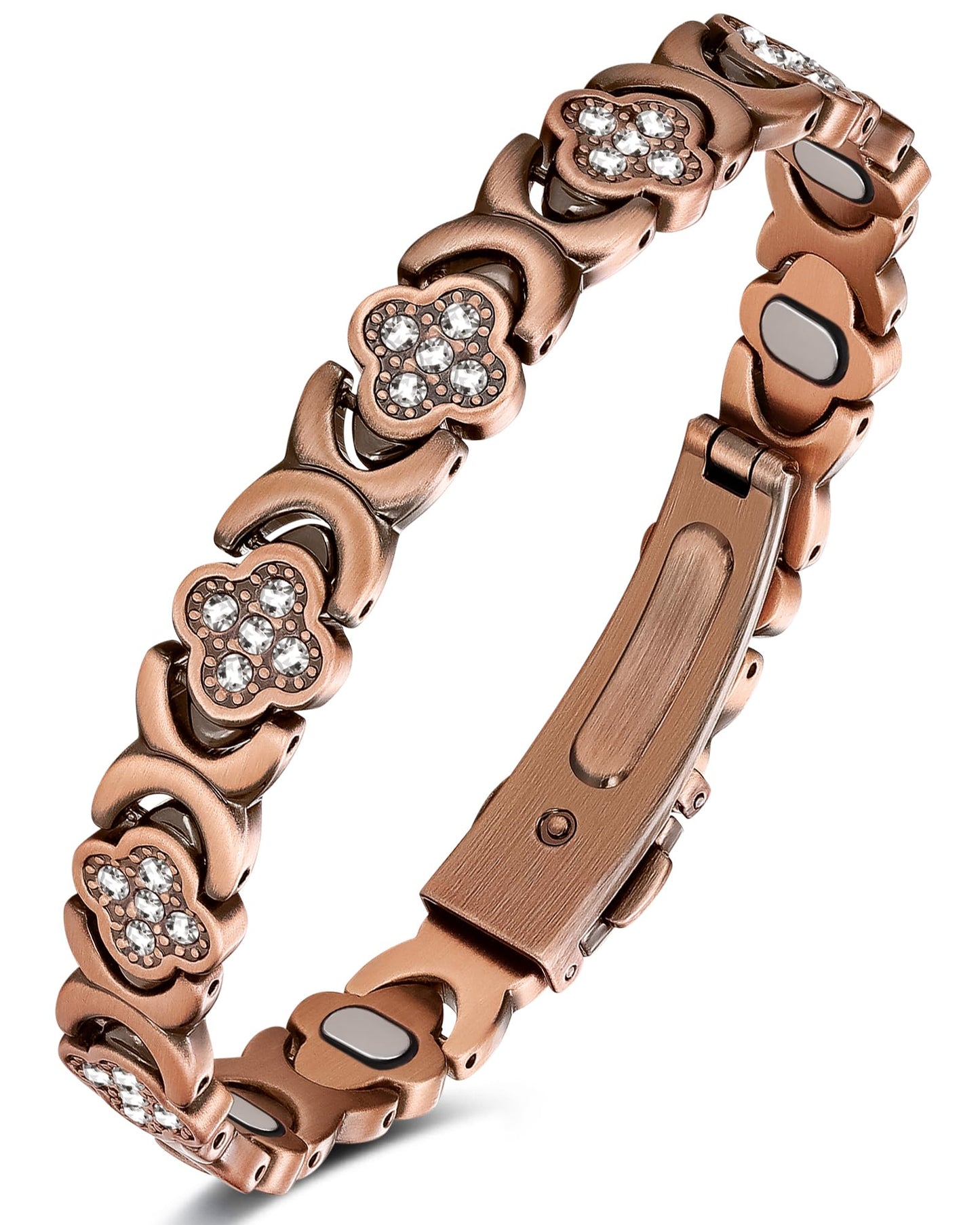 Feraco Pure Copper Bracelets for Women, 5X Ultra Strength Magnetic Bracelet with 5000 Gauss Magnets & Sparkling Cubic Zirconia, Premium Folding Clasp, Infinite Clover Jewelry Gift