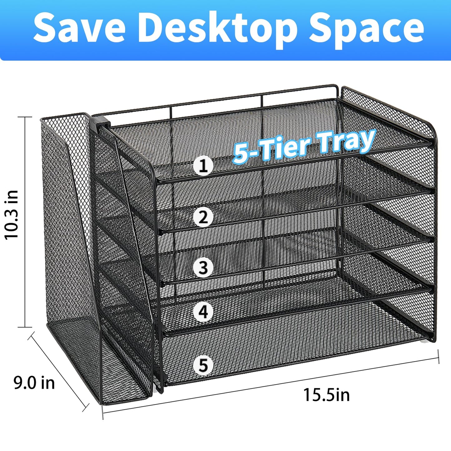 OPNICE Desk Organizer, 5-Tier Paper Organizer Letter Tray with Magazine Holder, Office Desk Accessories & Workspace Organizers, Desktop File Organizer for Office Supplies Storage, Black