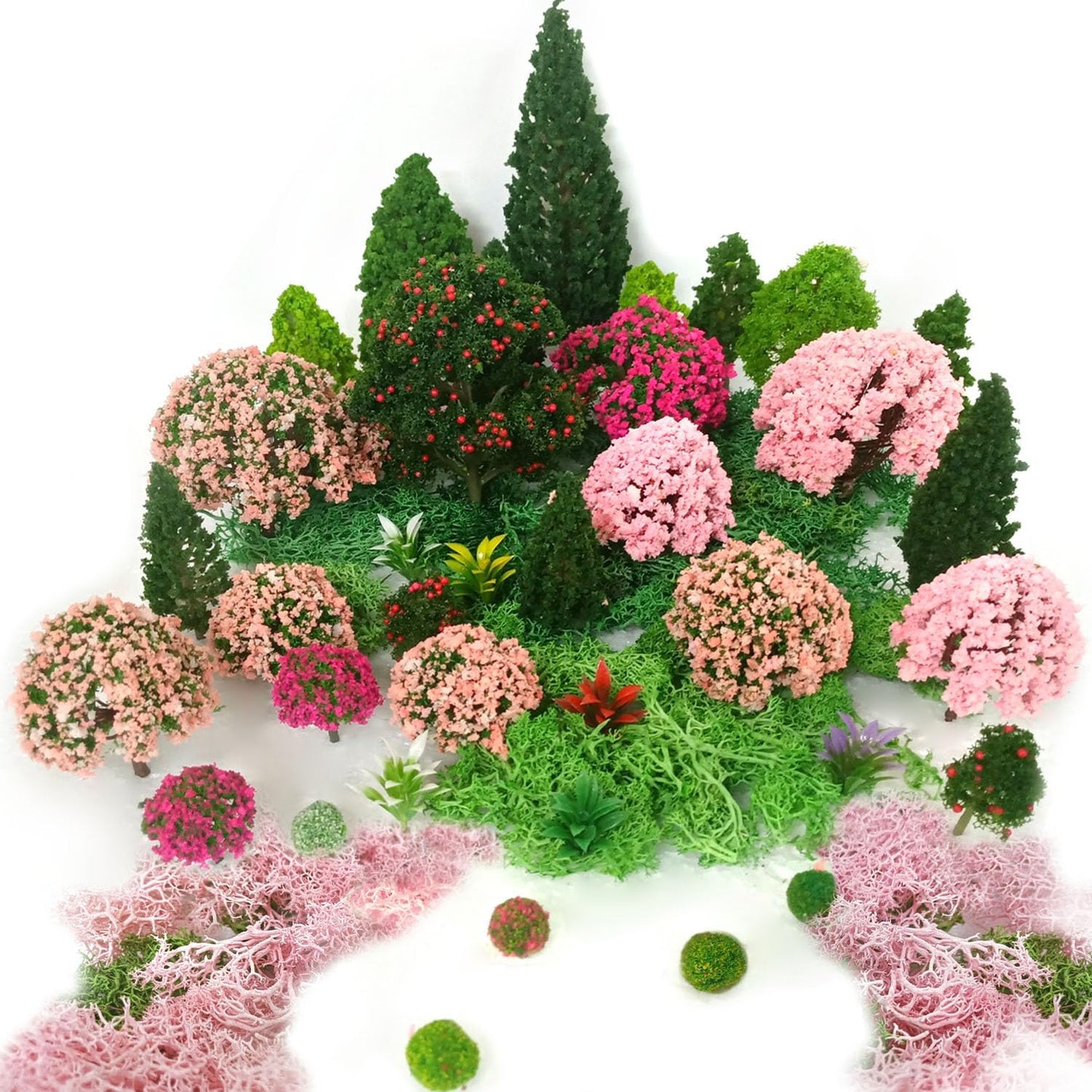 QuarenDen Mixed Model Trees, Model Train Scenery, 37Pcs, Miniature Trees with Moss for Building Model, Natural Green Landscape, Railroad Scenery