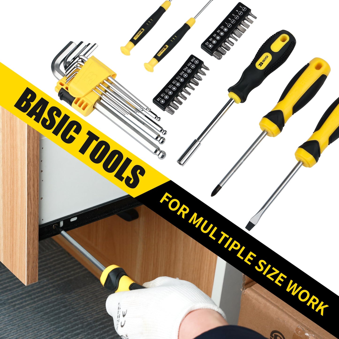 B BOSI TOOLS 142 PCS Tool Set, Home Repairing Tool Kit with 13-Inch Wide Mouth Open Storage Tool Bag, Portable Home Tool Kit Including Hammer, Screwdriver, and Household Tools