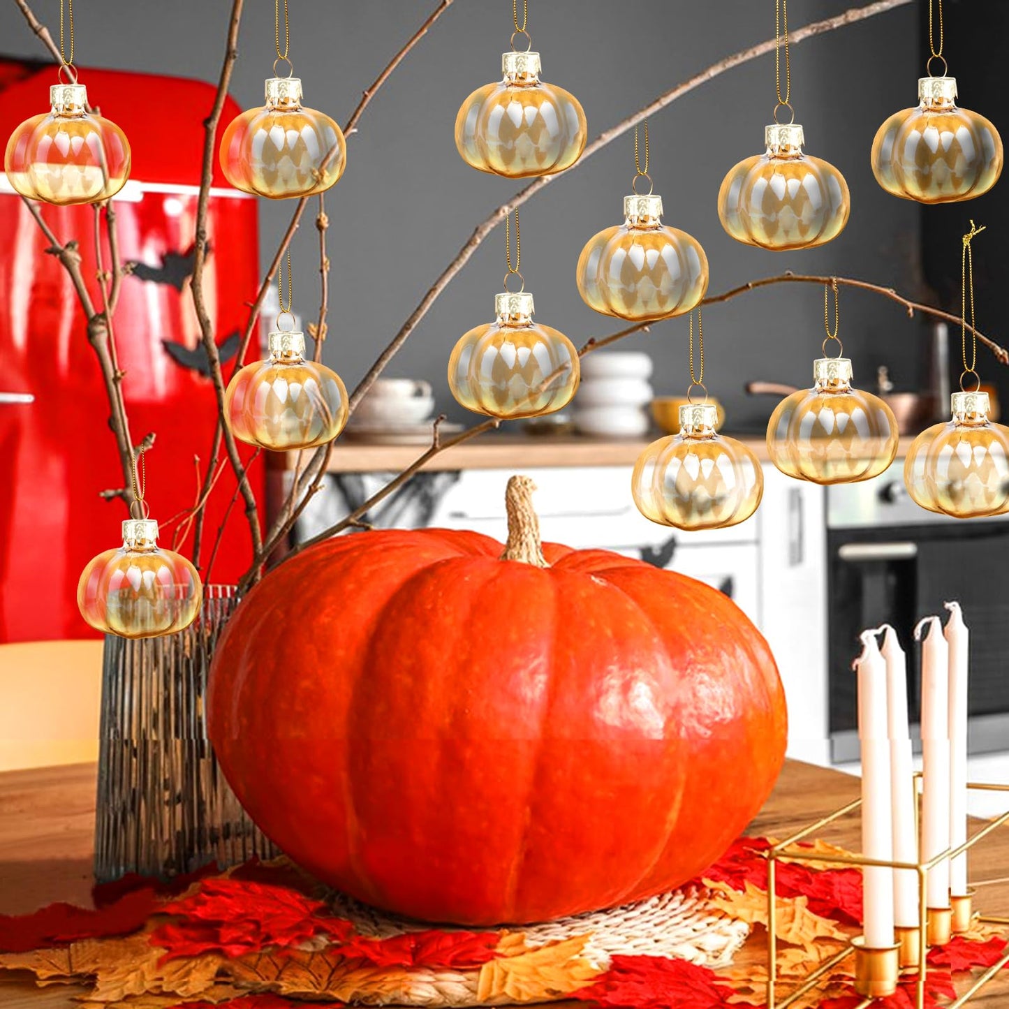 YiYa 12 Pcs Fall Pumpkin Ornaments Glass Pumpkin Hanging Ornaments for Tree Thanksgiving Tree Ornament Set for Autumn Thanksgiving Halloween Xmas Home Decoration