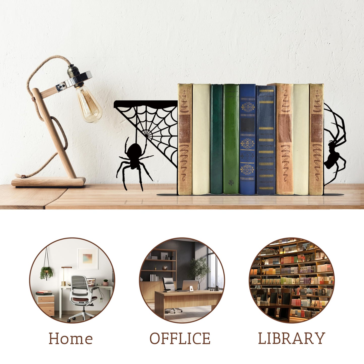 noxozoqm Metal Spider and Spider Web Bookend, Farmhouse Decorative Animal Book Ends, Unique Bookends, Gothic Halloween Decor, Cute Spooky Goth Book Ends for Shelves Kitchen, Black