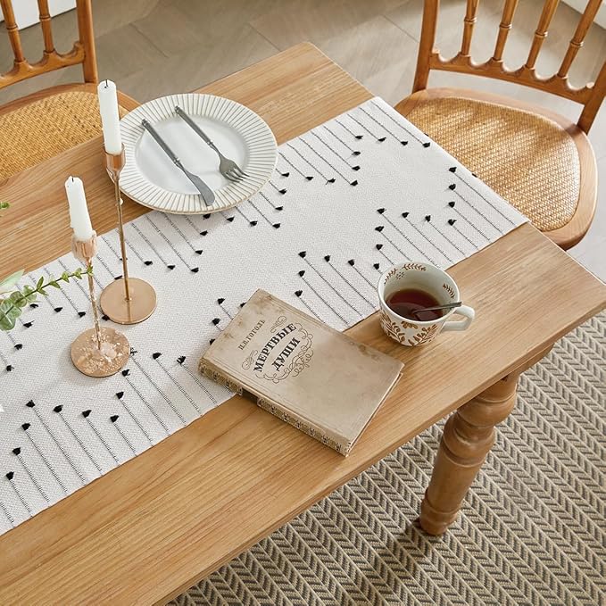 Wracra Boho Table Runner, Natural Cotton Woven Macrame Table Runners 108 Inches Long for Modern Farmhouse Woven Home Decor, 14x108 Inch, Black