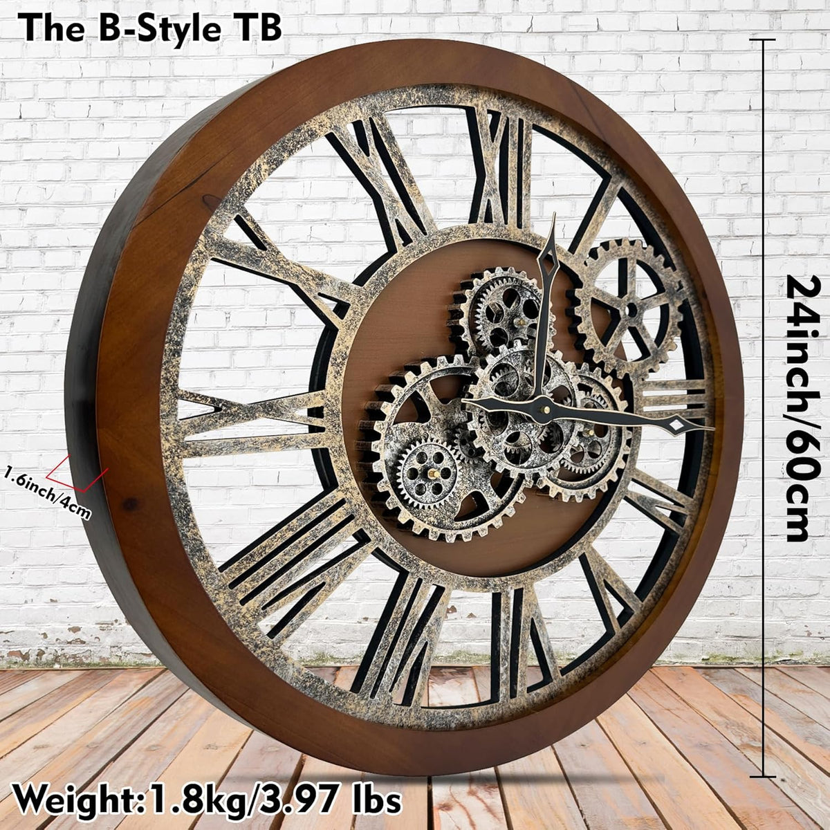 The B-Style Large Wall Clock 24 inch Moving Gear Wall Clock Oversized Vintage Farmhouse Wall Clocks for Living Room Decor Rustic Industrial Wood Clock (Drak Brown and Bronze)