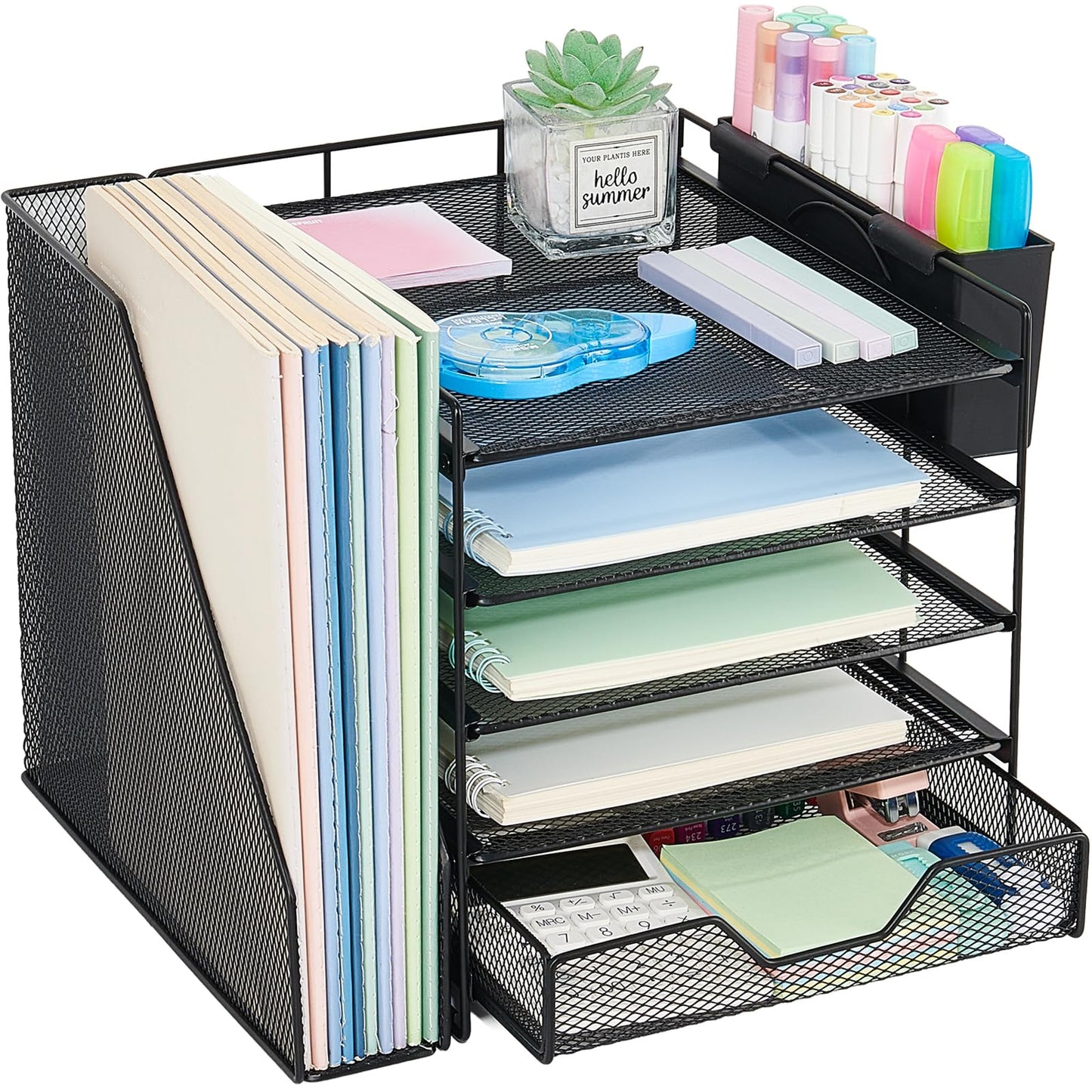 Gugsey Desk Organizer, 5-Tier Paper Letter Tray Organizer with File Holder, Drawer and Pen Holder, Desktop Organizer for Office Supplies, Black