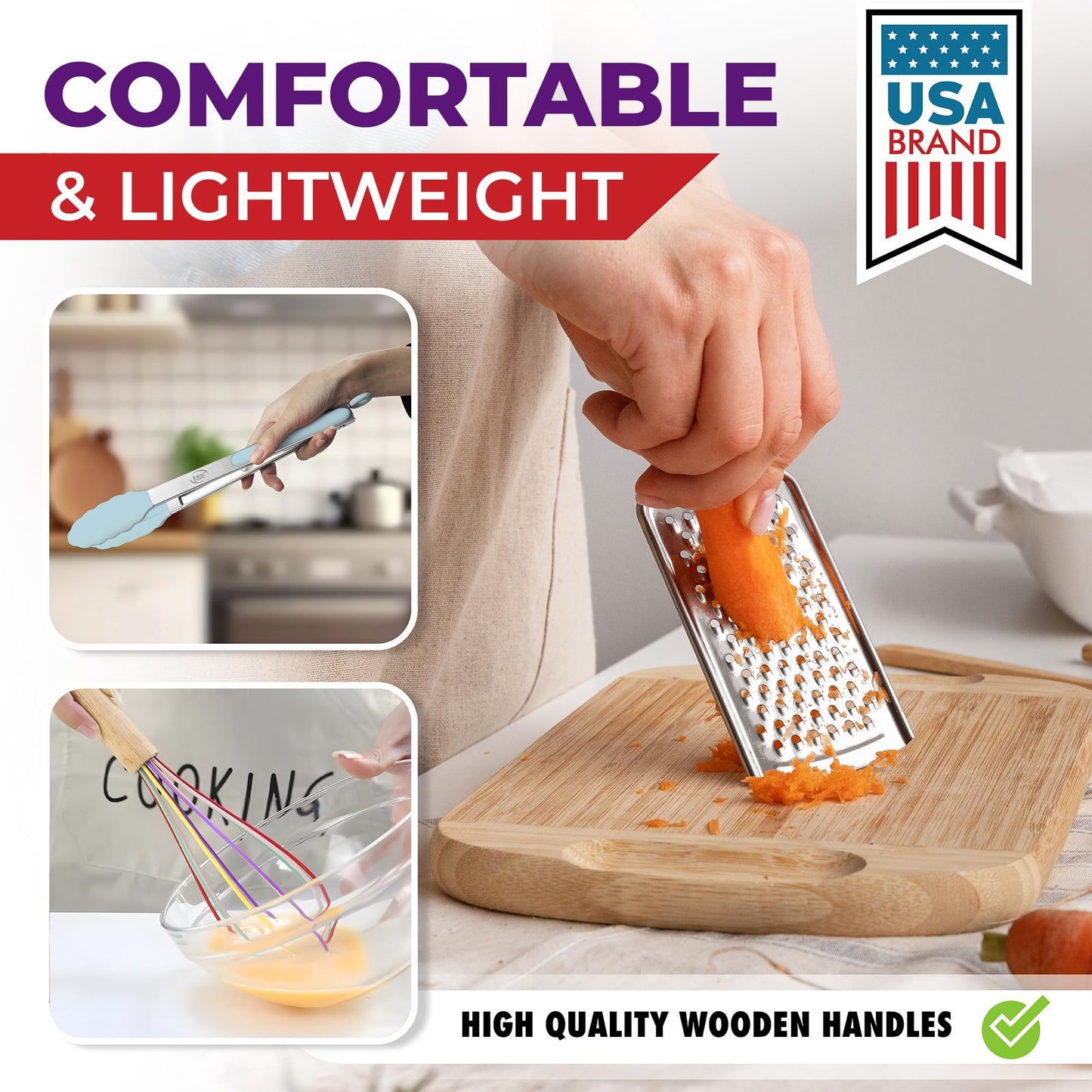 Kaluns 50 PCS Silicone Kitchen Utensils Set Complete Kitchen Set - 800°F Heat Resistant Non-Stick Premium Cooking Utensils W Wooden Handles - Can Opener, Masher, Turner, Silicone Spatula Set