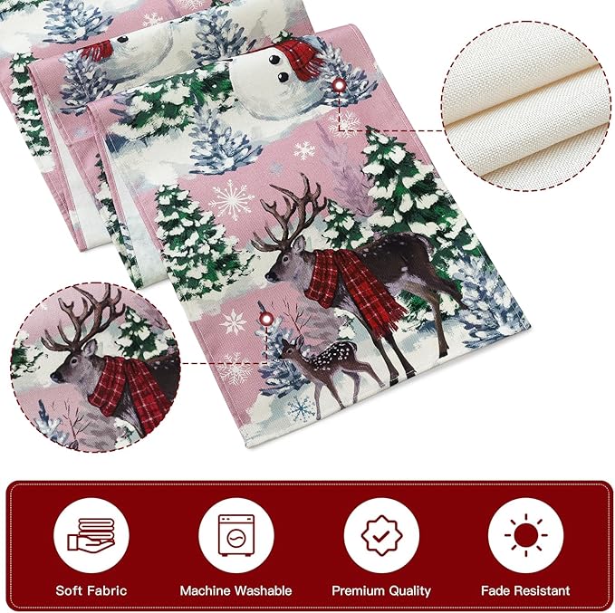 Artscope Reindeer Snowman Christmas Tree Table Runner, Xmas Winter Snowflakes Holiday Kitchen Dining Table Decoration for Christmas Home Party Decor 13x72 Inch-Pink