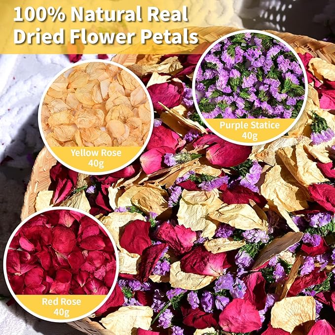 20+ Cups Real Dried Rose Petals Biodegradable Wedding Flower Confetti, 2 QT Mixed Yellow Red Roses Petals &Purple Statice for Flower Girl Wedding Bridal Proposal Bath