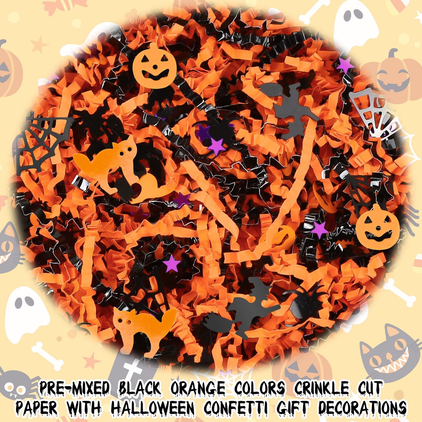Jansun Halloween Black Orange Crinkle Cut Paper, 115g/4oz Shred Filler with Pumpkin Spider Bat Witch Confetti for Gift Wrapping Craft DIY Basket Filling Trick or Treat Candy Decorations