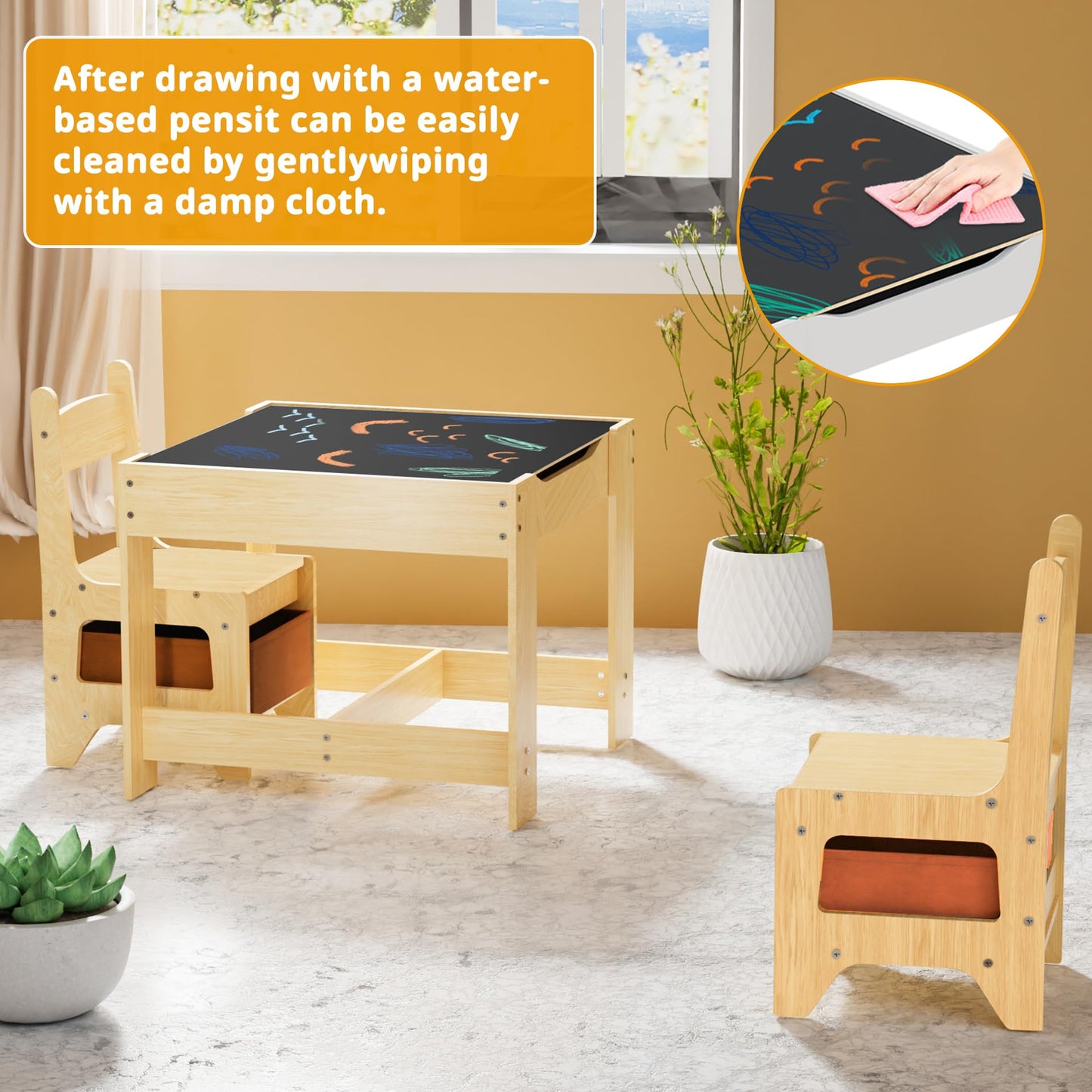 Kids Table and Chair Set, Wooden Activity Table with Storage Drawer, Detachable Tabletop for Toddlers Drawing, Reading, Art Crafts, Kids Learning Table and Chair Set for Home, Playroom (Wood color)