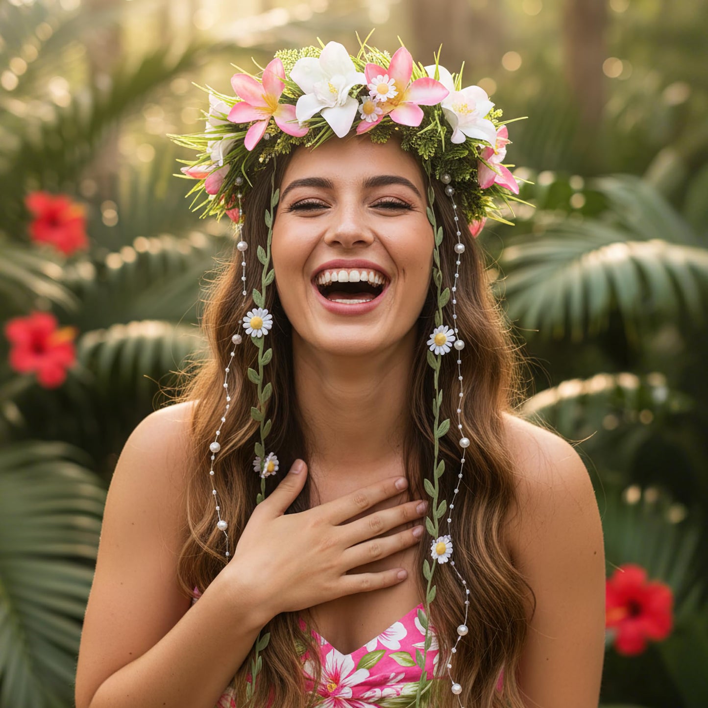 KorViSHOW Hawaiian Flower Crown Headbands, Pink Tropical Floral Headpiec, Artificial Hawaii Orchid Floral Headband with Daisy Vine for Women Summer Beach Hula Dress Up Accessory Party Favor Supplies