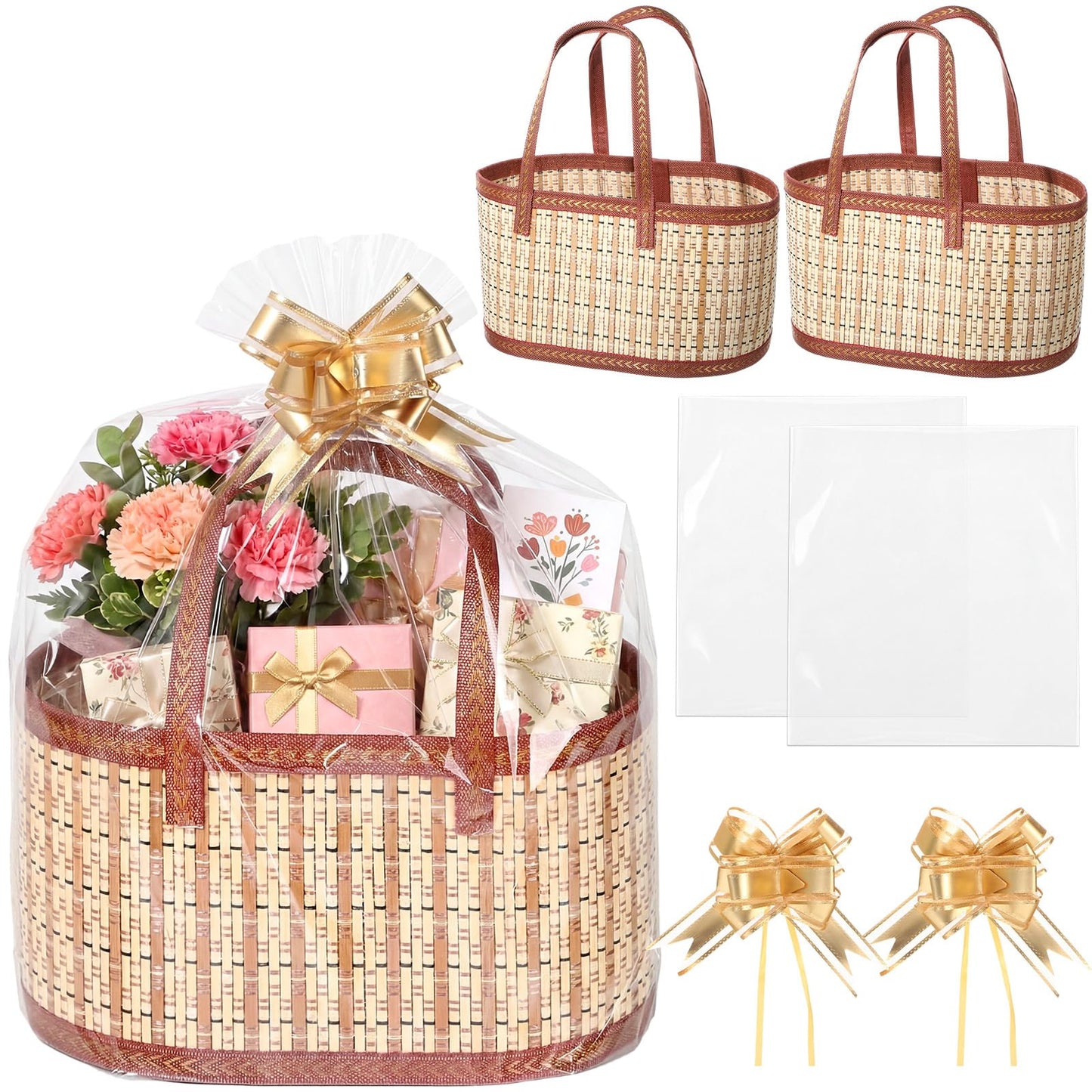 Reallnaive 2 Set Gift Basket Empty Woven Bamboo Storage Baskets with Clear Gift Bags Pull Bows Ribbon Foldable DIY Gifts Basket Kit with Handle for Baby Shower Housewarming