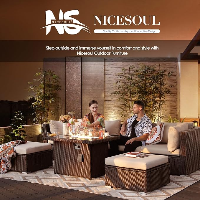 NICESOUL 29.3'' High Backrest Patio Furniture Sectional Set, 7 Piece Outdoor Conversations with Fireplace Natural Gas Propane Convertible, Deep Large Funky PE Rattan Sofa Couches for Backyard, Brown