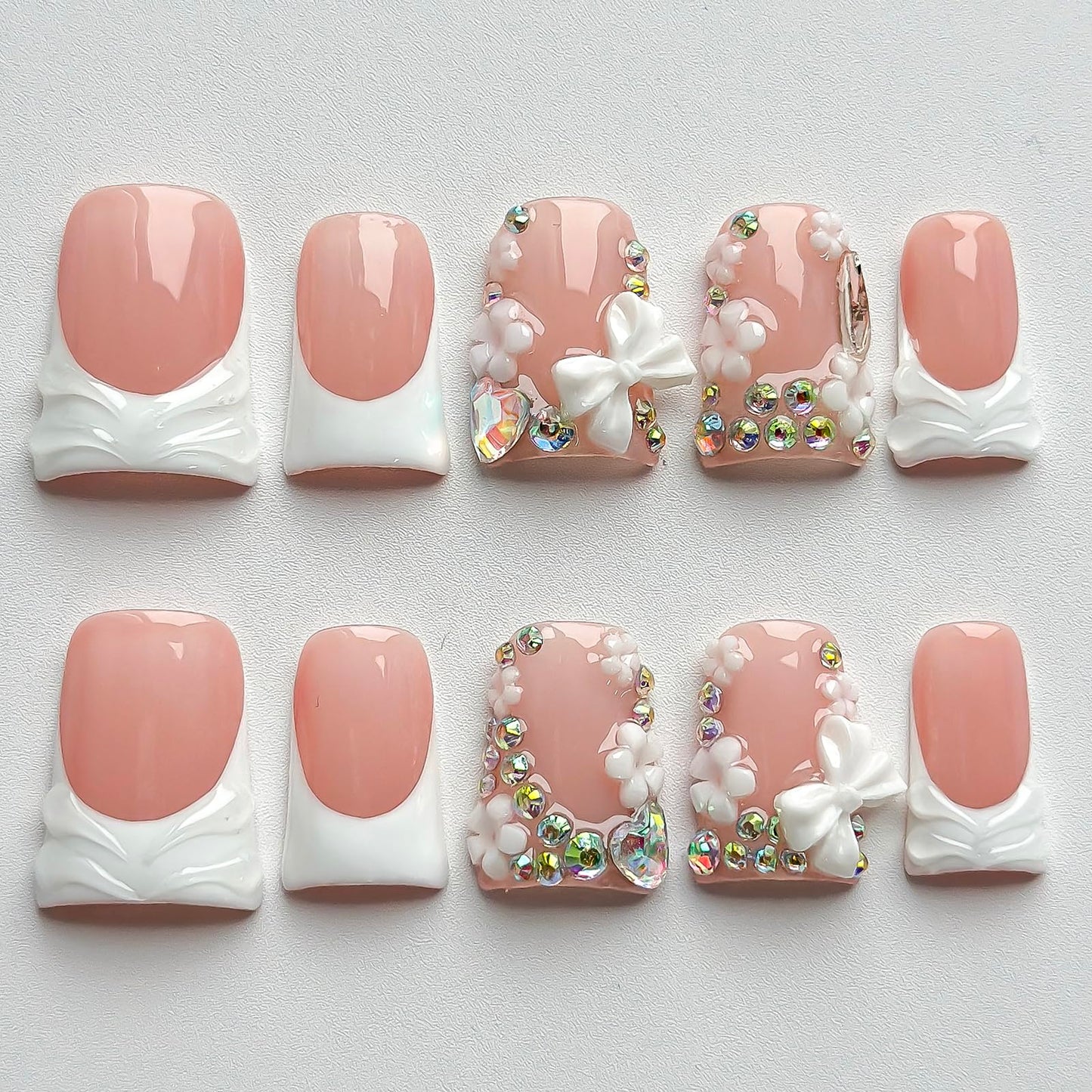 Luxury Press on Nails Short Duck Handmade 3D Unique Reusable ABS Material Fake Nails White French Tip False Nails with Designs Flower Butterfly Rhinestones Glossy Glue on Nail Thick Acrylic Nail(M)
