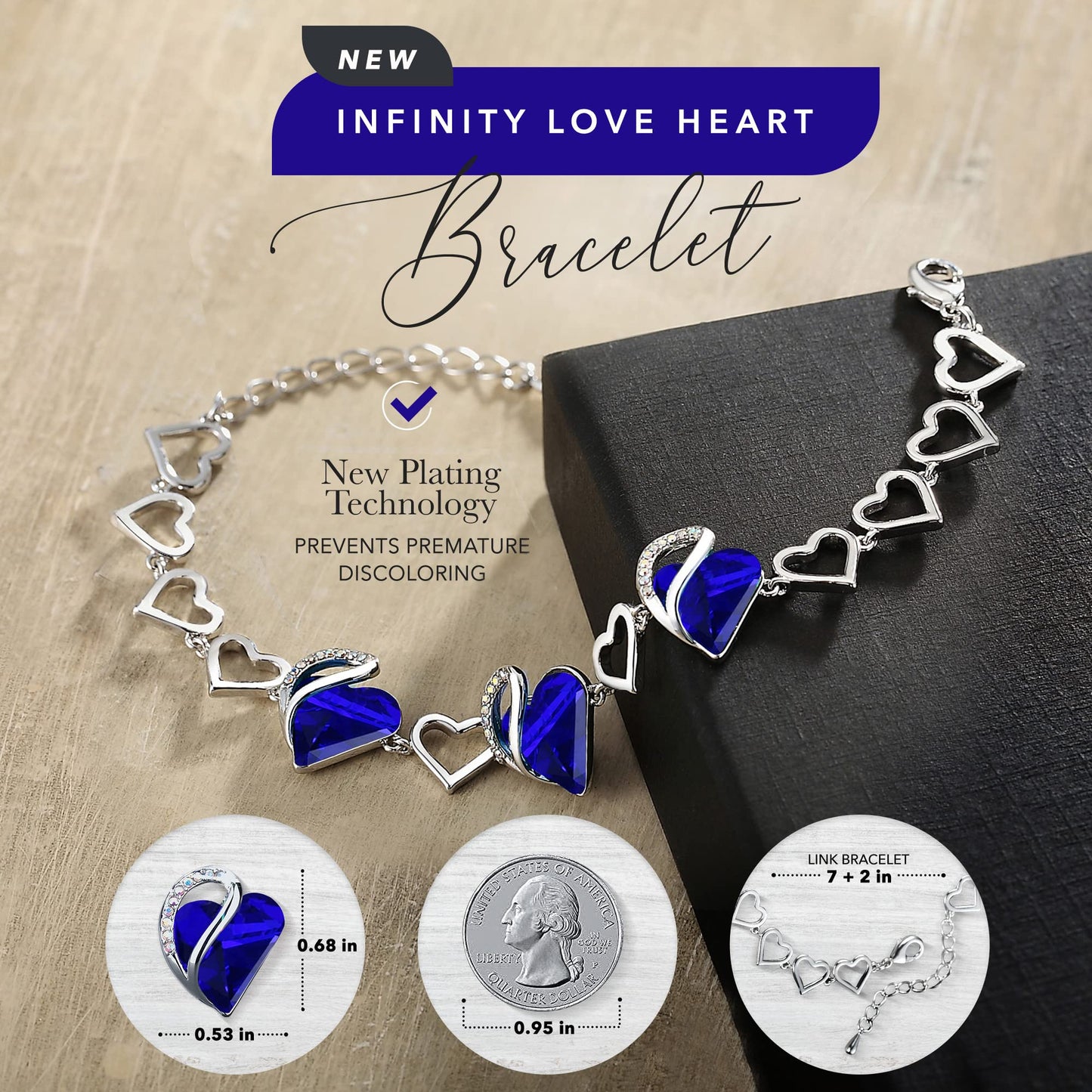 Leafael Mothers Day Gifts Infinity Love Heart Bracelet for Women, September Birthstone Crystal, Cobalt Sapphire Blue, Silver Tone Adjustable Chain
