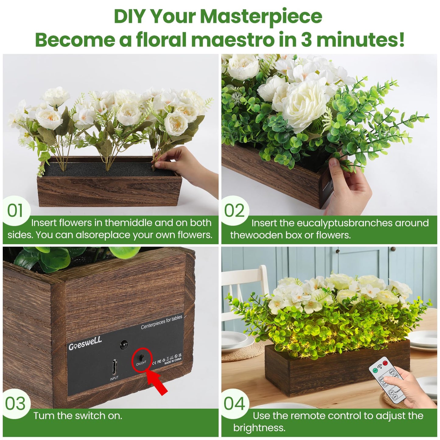 14" Artificial Peony Hydrangea Flowers Arrangement in Rectangular Wooden Planter Box, Rechargeable LED Faux Plants with Remote, Table Centerpieces for Dining Room Coffee Living Room Easter Home Decor